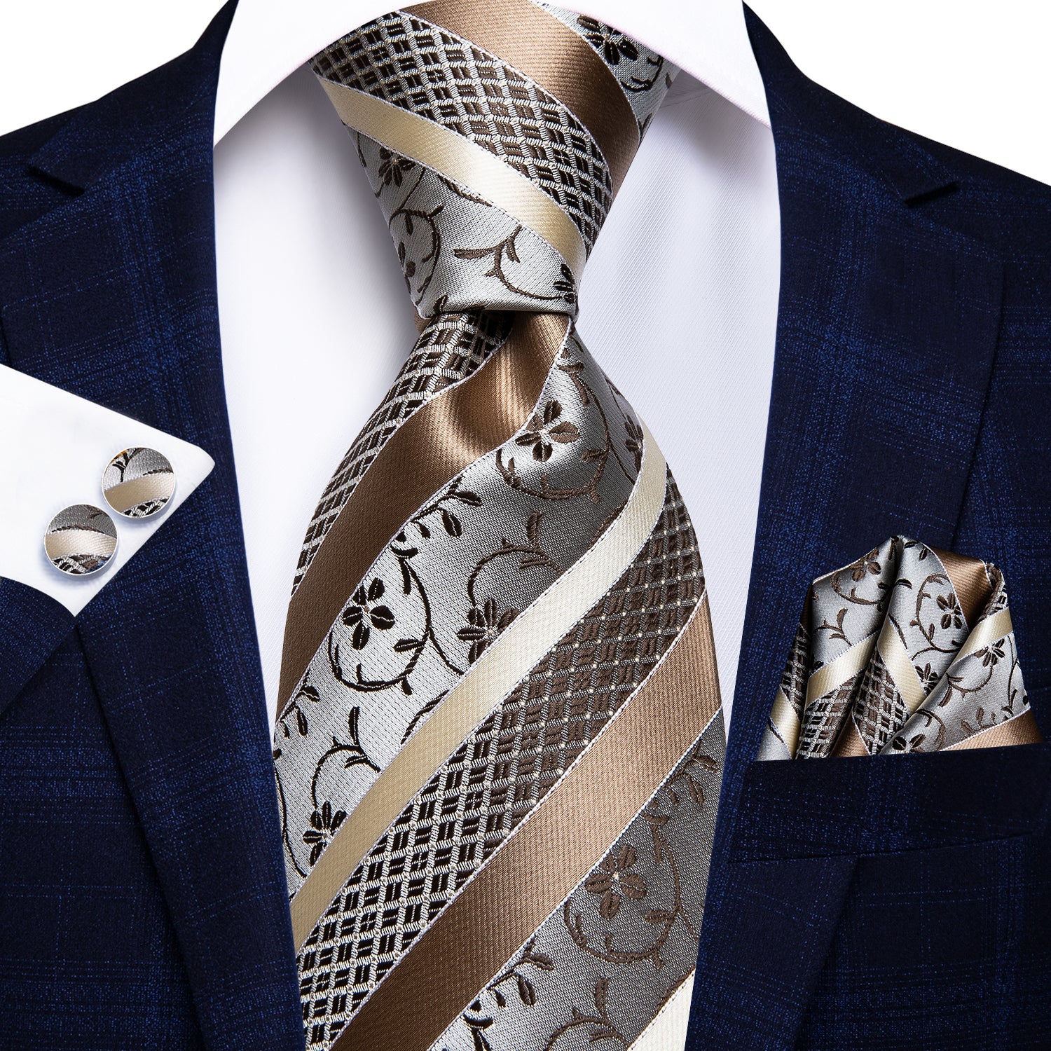 Hi-Tie Champagne White Striped Silk 63 inch Extra Long Men's Tie Set Hi-Tie Champagne White Striped Silk 63 inch Extra Long Men's Tie Set
