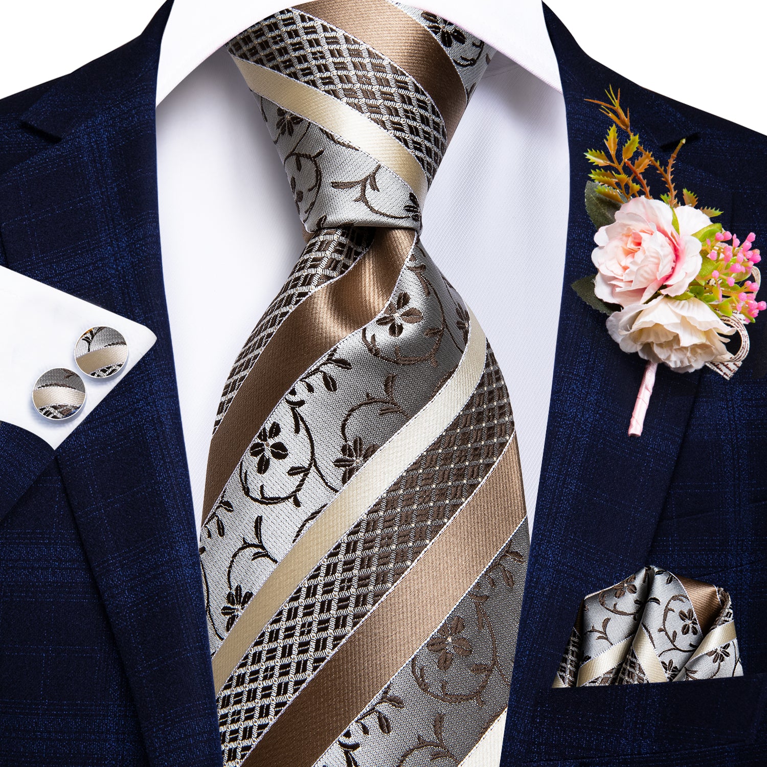 Fashion Champagne White Striped Tie Handkerchief Cufflinks Set with Wedding Brooch