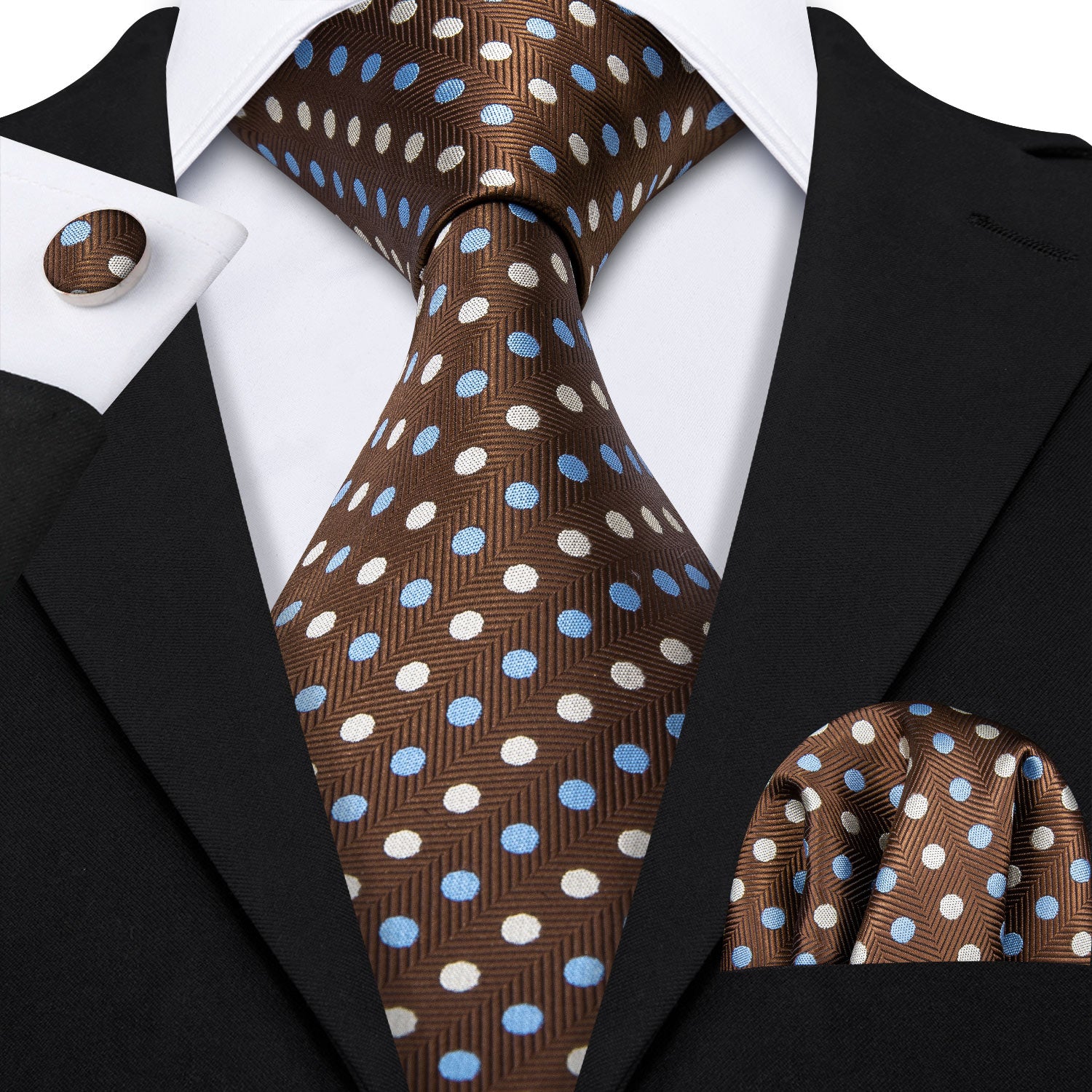 Brown Dots Tie Handkerchief Cufflinks Set