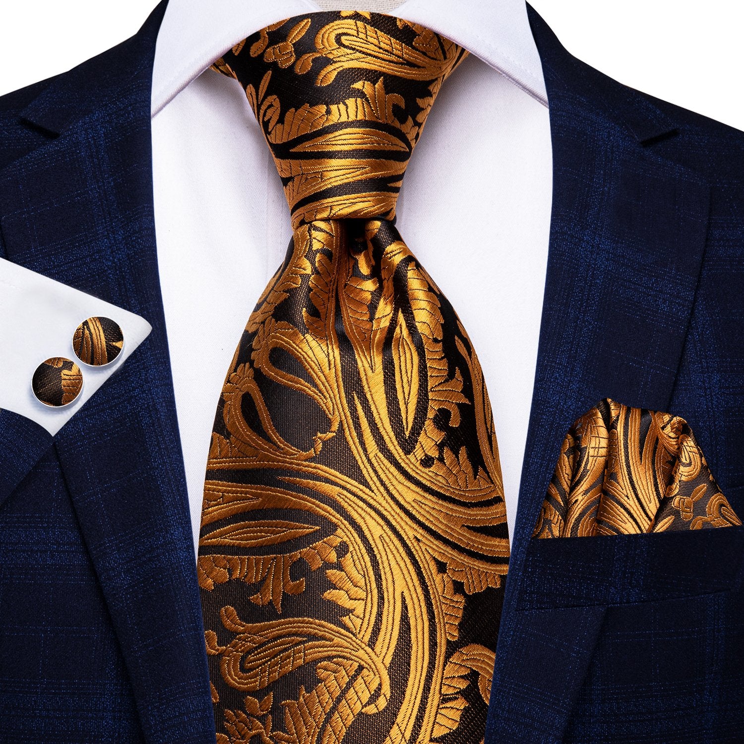 Gold Paisley Tie Handkerchief Cufflinks Set with Wedding Brooch