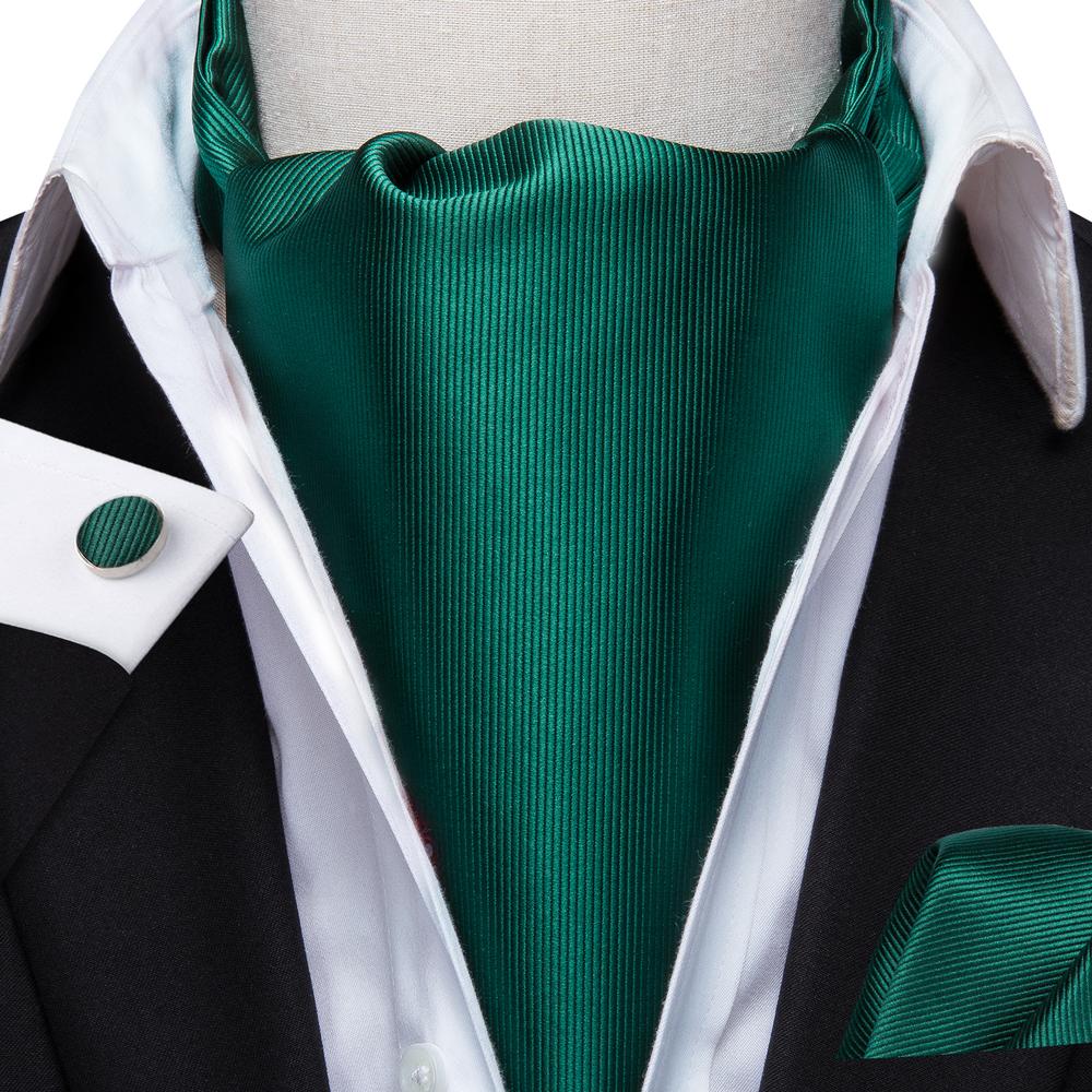 Dark Green Designer Silk Ascot Tie Pocket Square Cufflinks Set