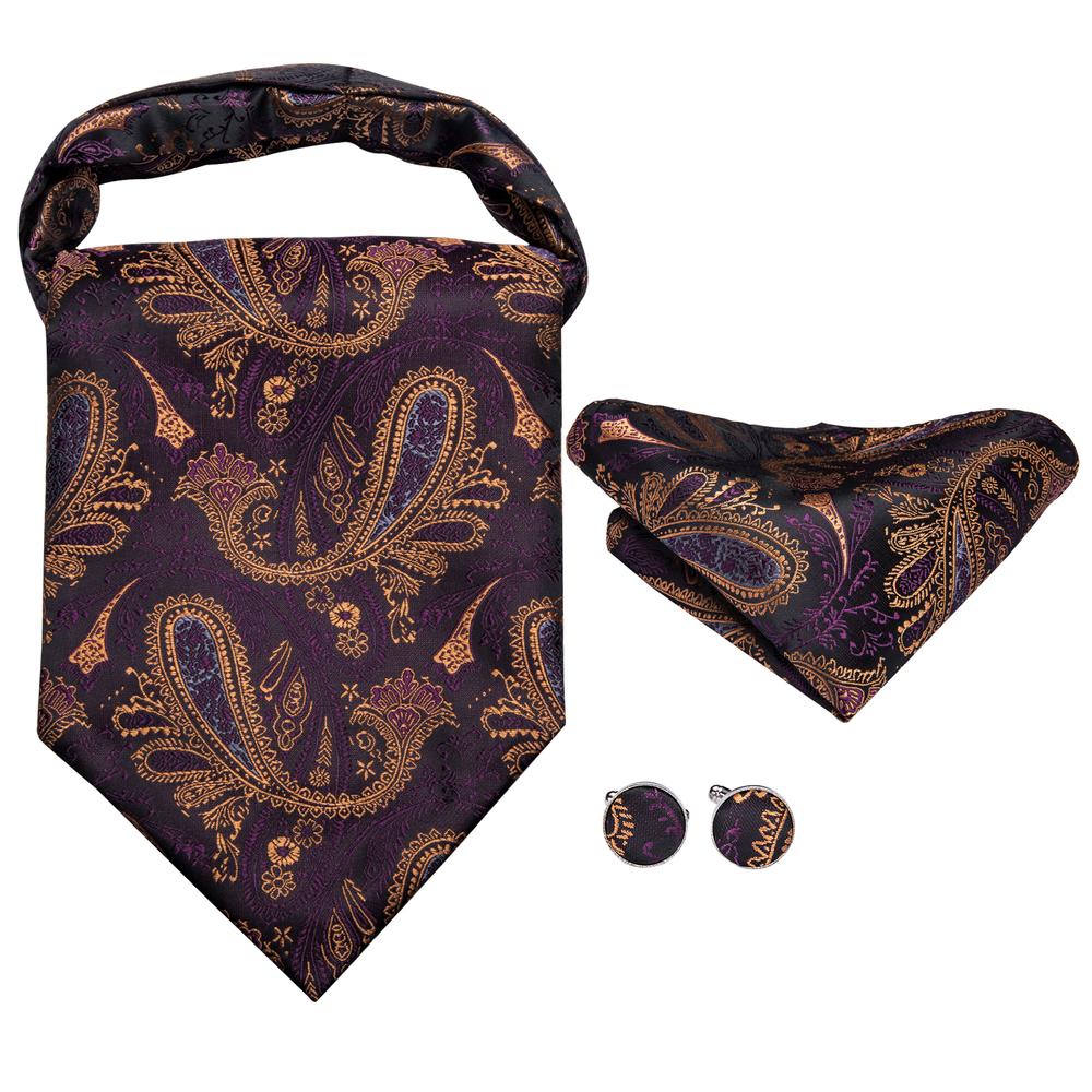 Purple Paisley Classic Silk Ascot Tie Pocket Square Cufflinks Set