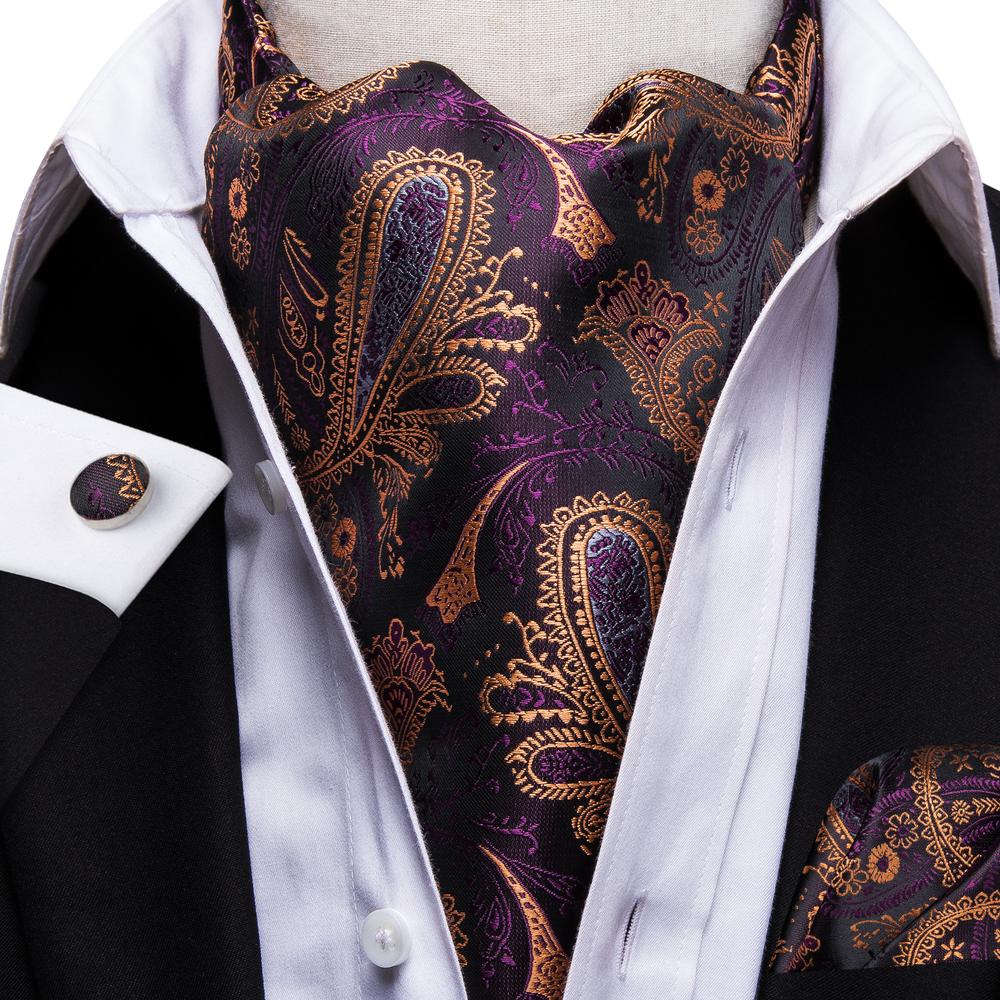 Hi-Tie Purple Paisley Silk Ascot Tie Pocket Square Cufflinks Set
