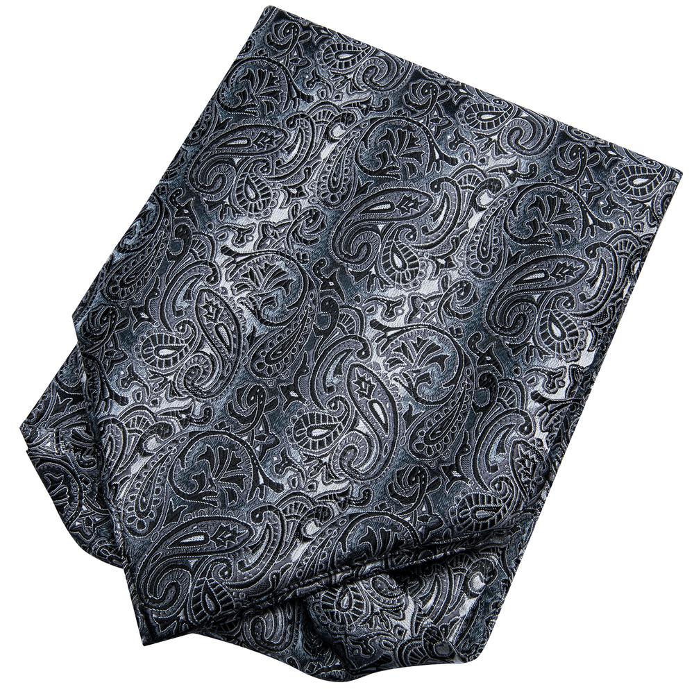 Black Grey Paisley Ascot Pocket Square Cufflinks Set