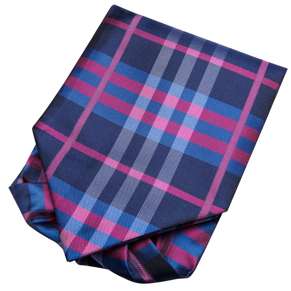 Blue Purple Plaid Silk Ascot Pocket Square Cufflinks Set
