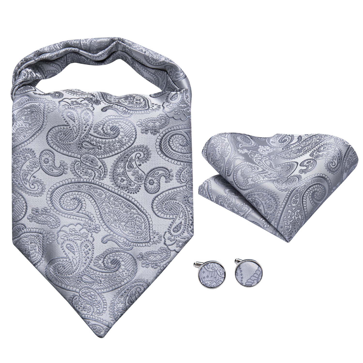 Silver Paisley Silk Ascot Pocket Square Cufflinks Set Wedding