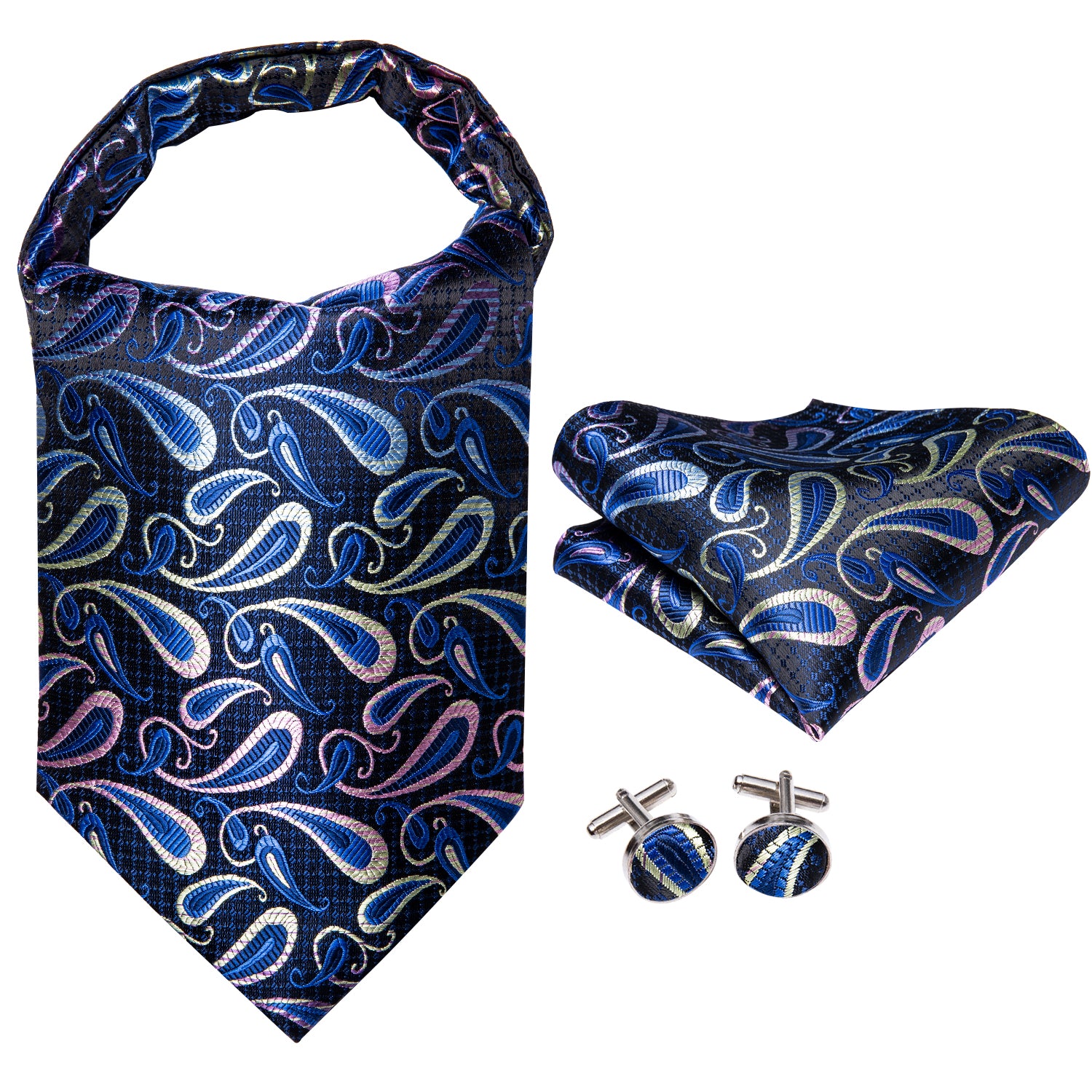 Blue Black Paisley Silk Ascot Pocket Square Cufflinks Set