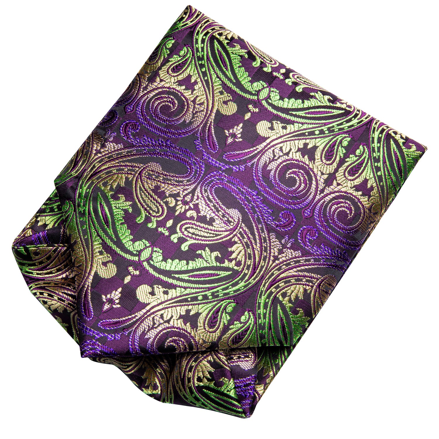 Purple Green Golden Paisley Silk Ascot Pocket Square Cufflinks Set