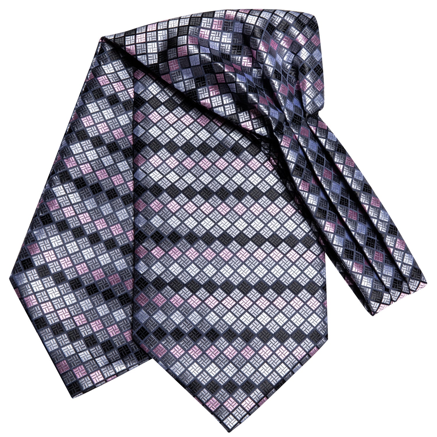 Pink Grey Plaid Ascot Pocket Square Cufflinks Set