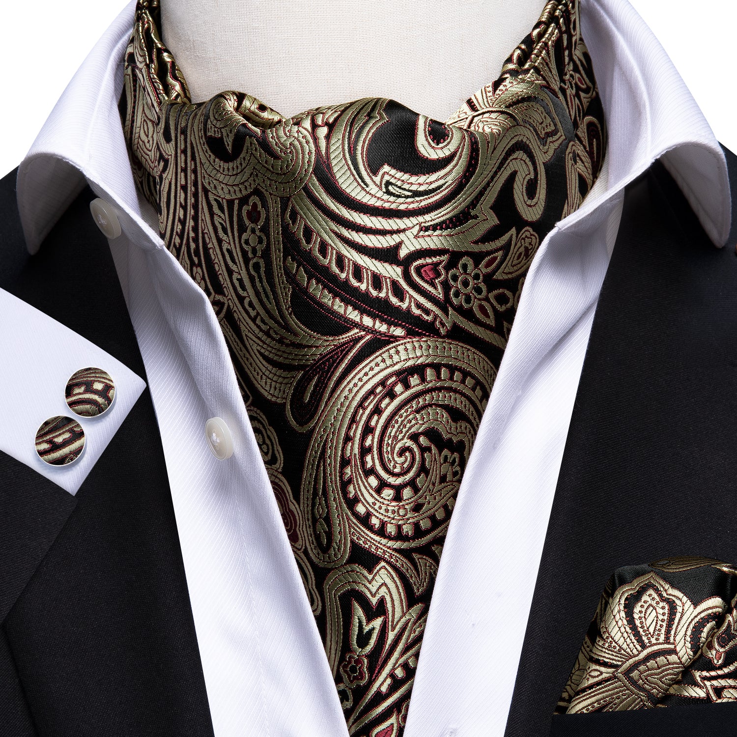 Champagne Black Floral Silk Ascot Tie Pocket Square Cufflinks Set