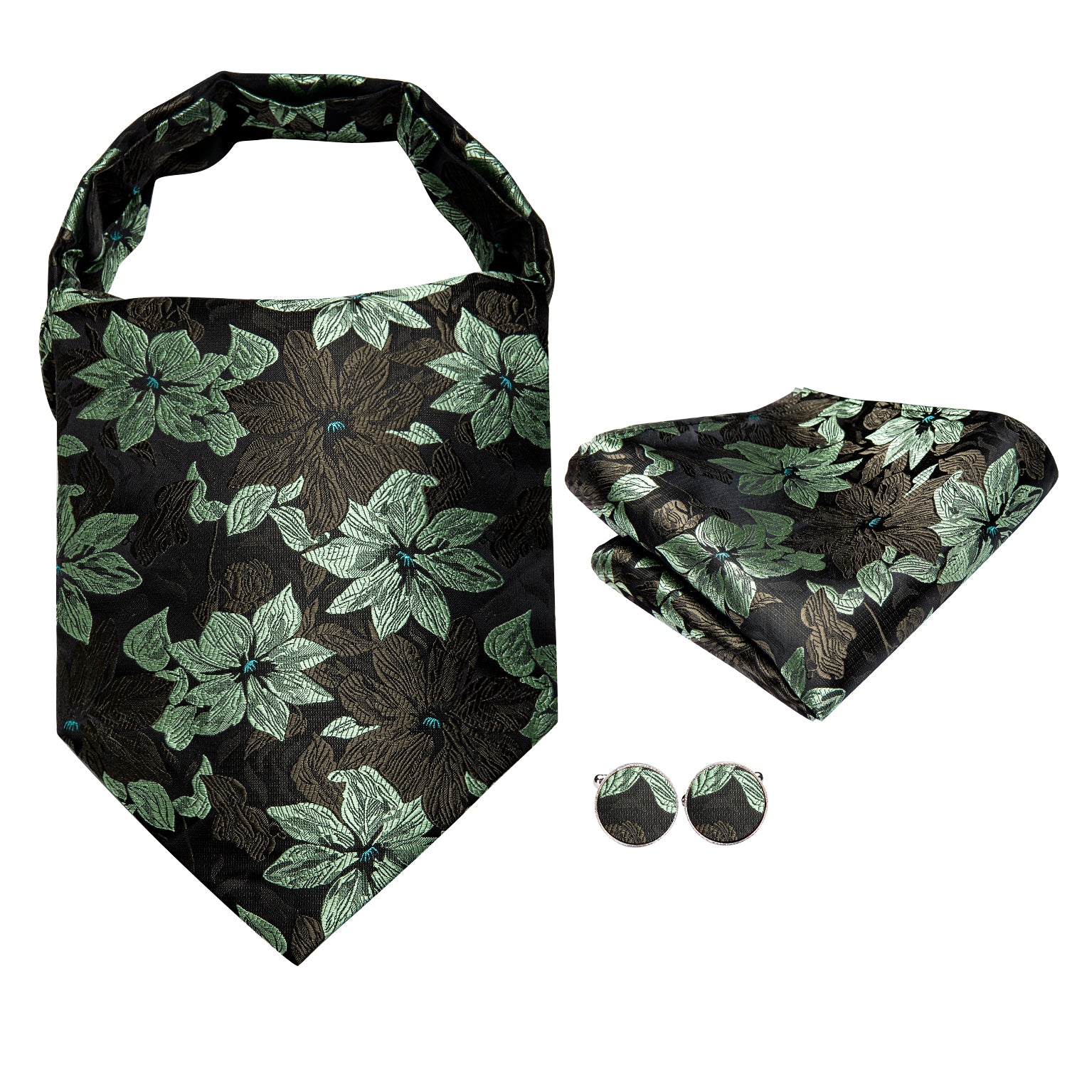 Black Green Floral Ascot Pocket Square Cufflinks Set