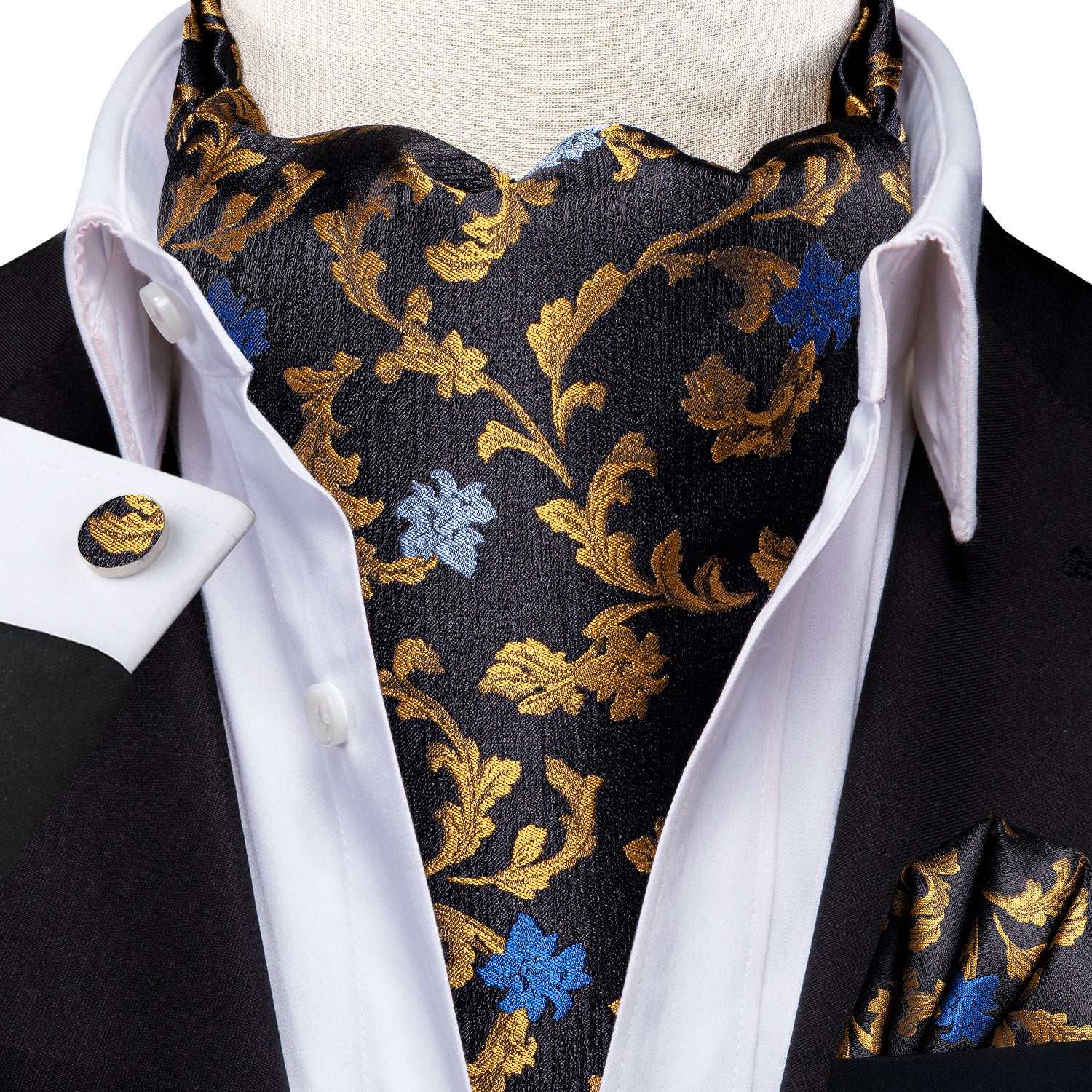 Hi-Tie Black Golden Blue Floral Silk Ascot Tie Pocket Square Cufflinks