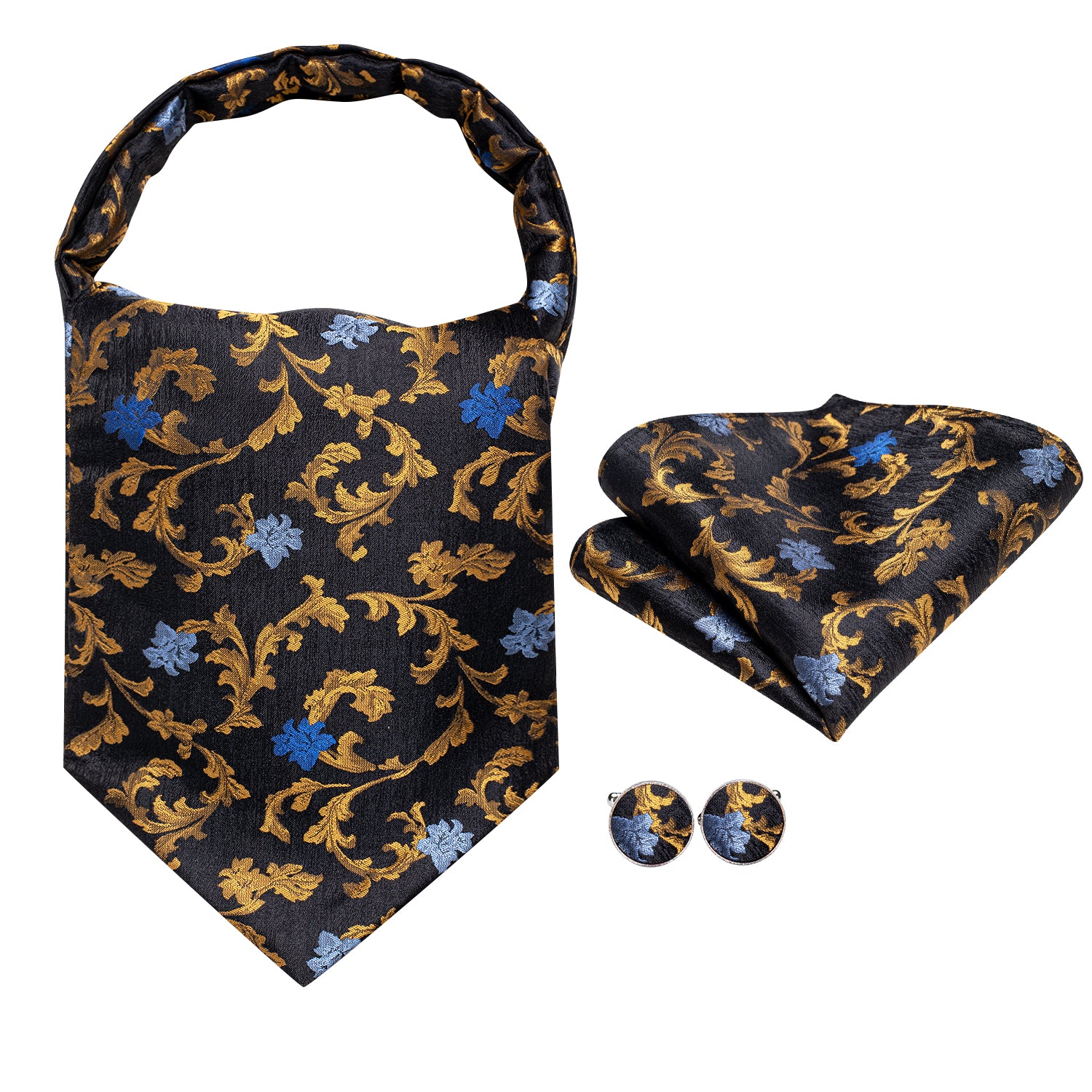 Black Golden Blue Floral Silk Ascot Tie Pocket Square Cufflinks Set