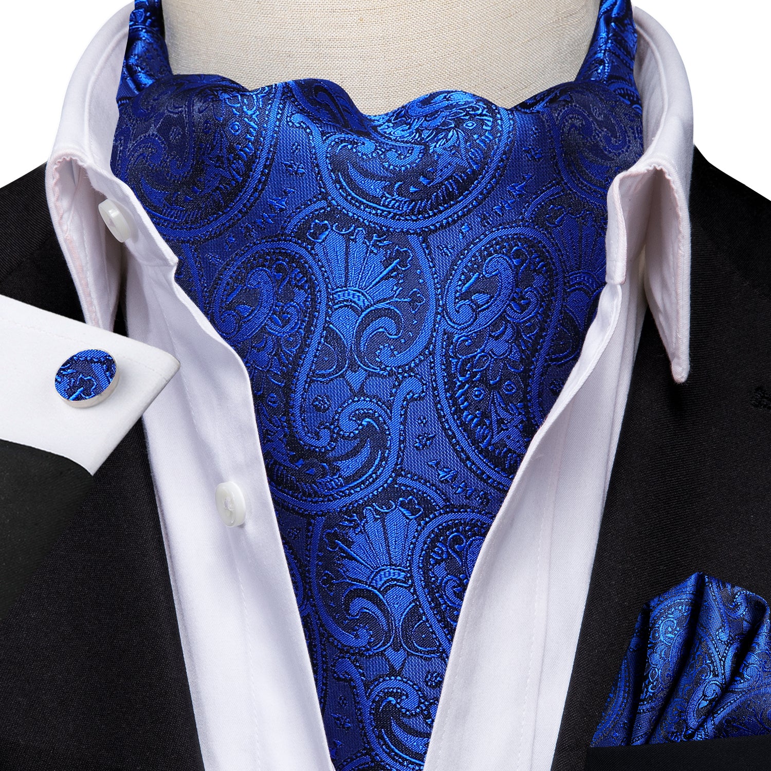 Royal Blue Necktie Paisley Ascot Pocket Square Cufflinks Set