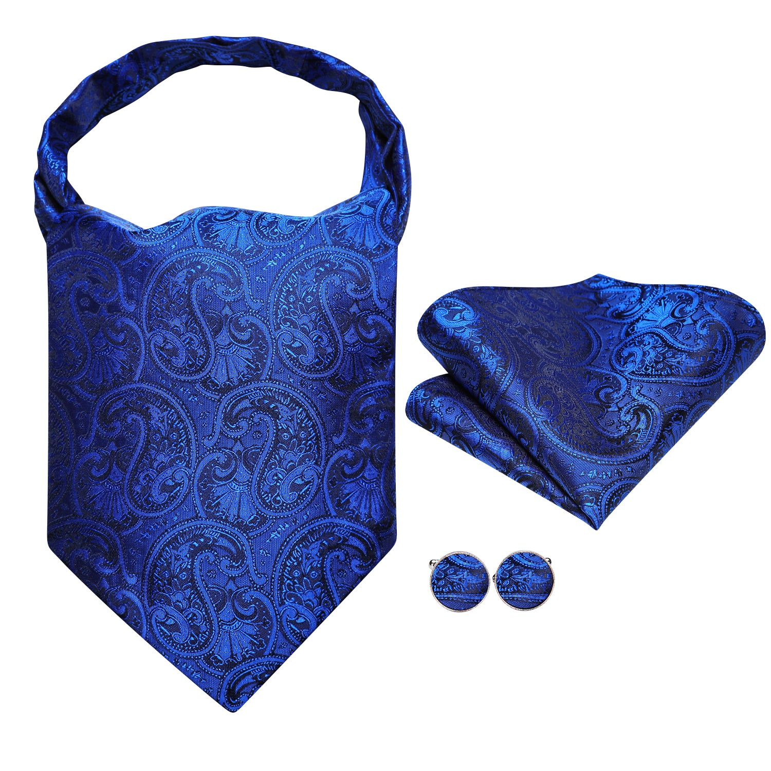 Royal Blue Necktie Paisley Ascot Pocket Square Cufflinks Set