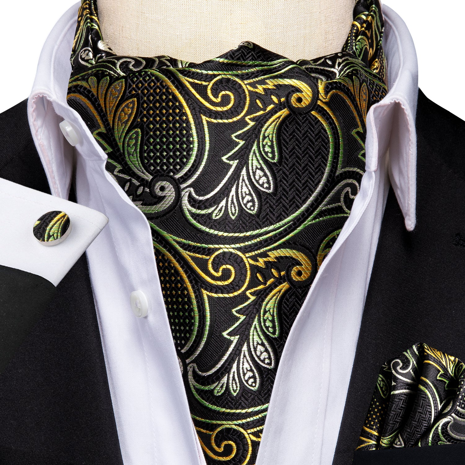 Hi-Tie Black Green Yellow Paisley Ascot Pocket Square Cufflinks Set