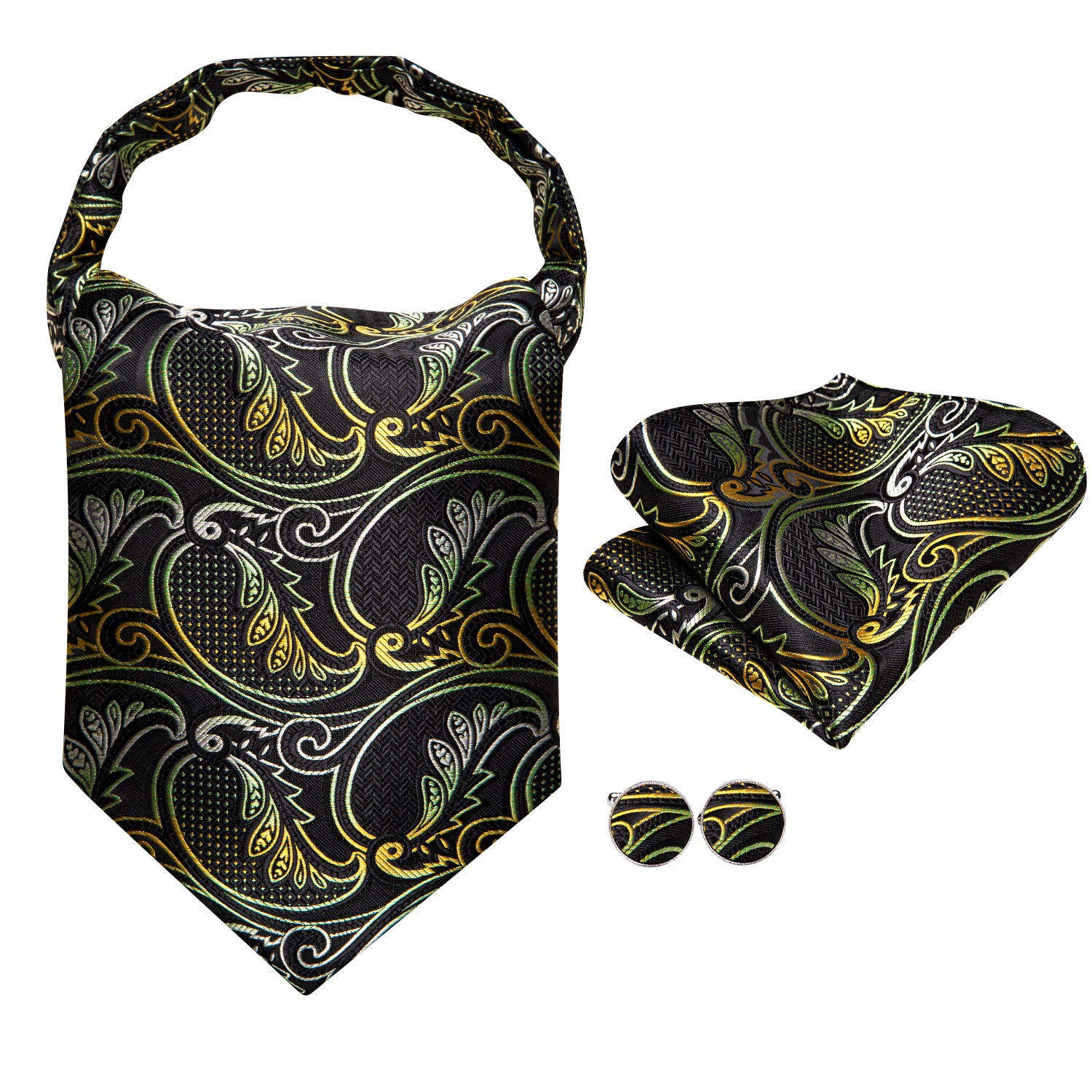 Hi-Tie Black Green Yellow Paisley Ascot Pocket Square Cufflinks Set