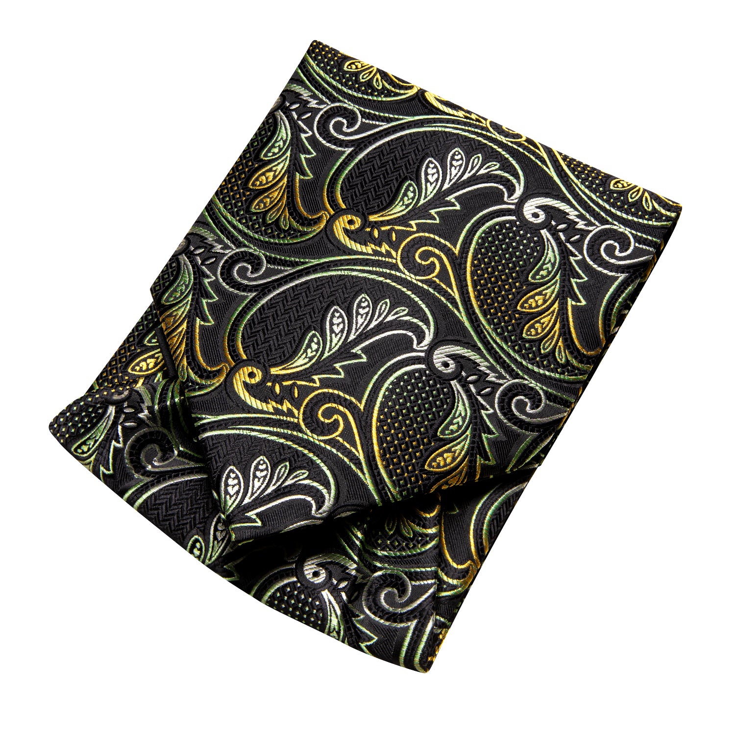 Hi-Tie Black Green Yellow Paisley Ascot Pocket Square Cufflinks Set