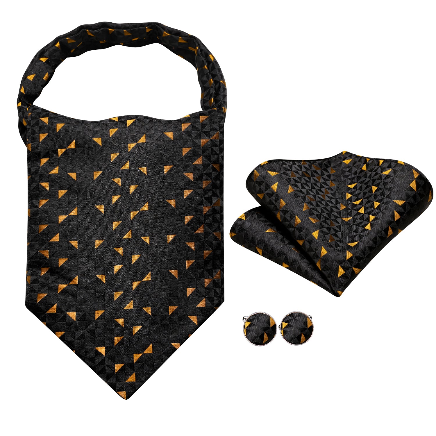 Hi-Tie Black Golden Triangle Ascot Pocket Square Cufflinks Set