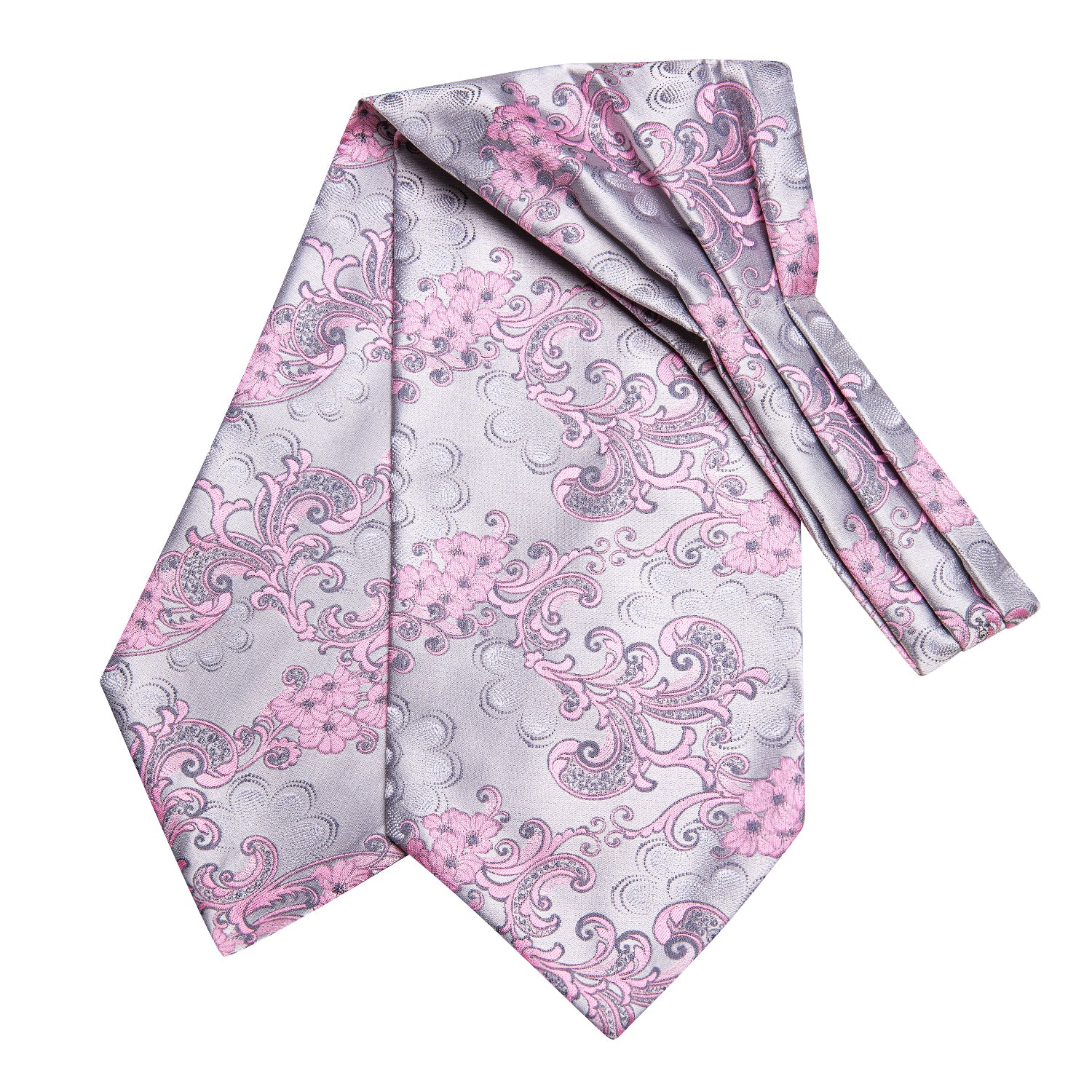 Silver Pink Paisley Ascot Pocket Square Cufflinks Set