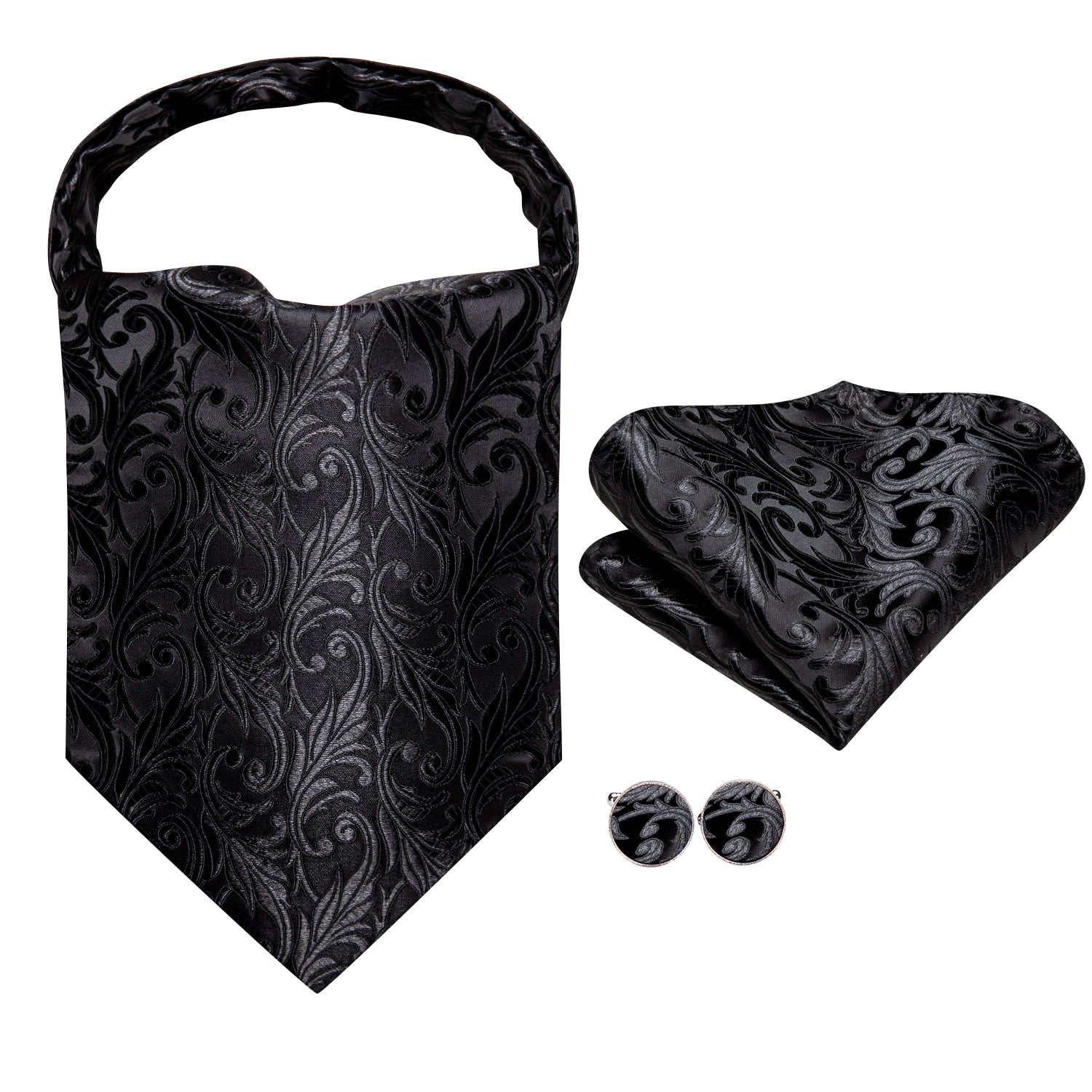 Hi-Tie Black Paisley Ascot Pocket Square Cufflinks Set