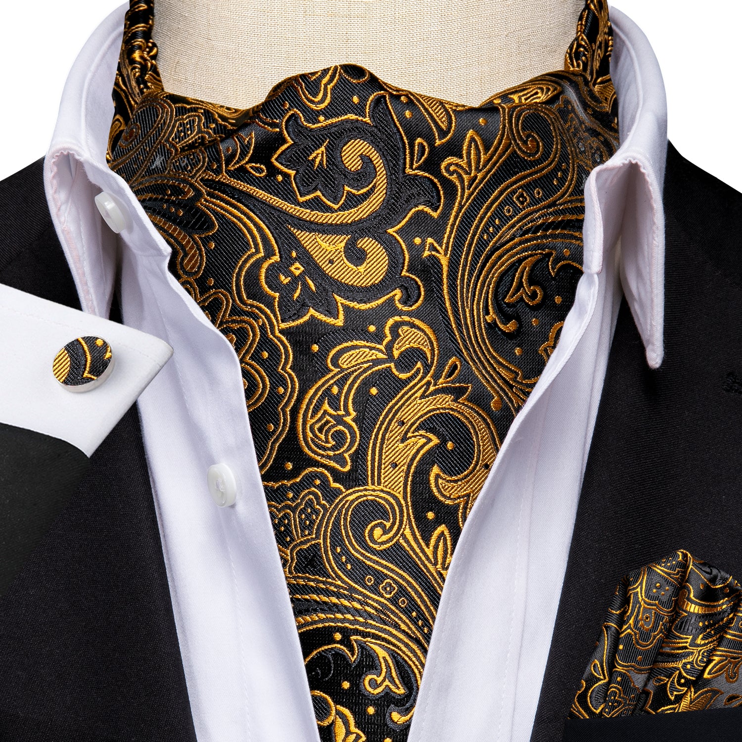 Golden Paisley Ascot Pocket Square Cufflinks Set