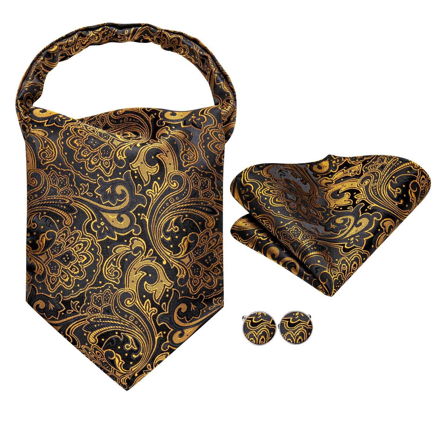 Golden Paisley Ascot Pocket Square Cufflinks Set