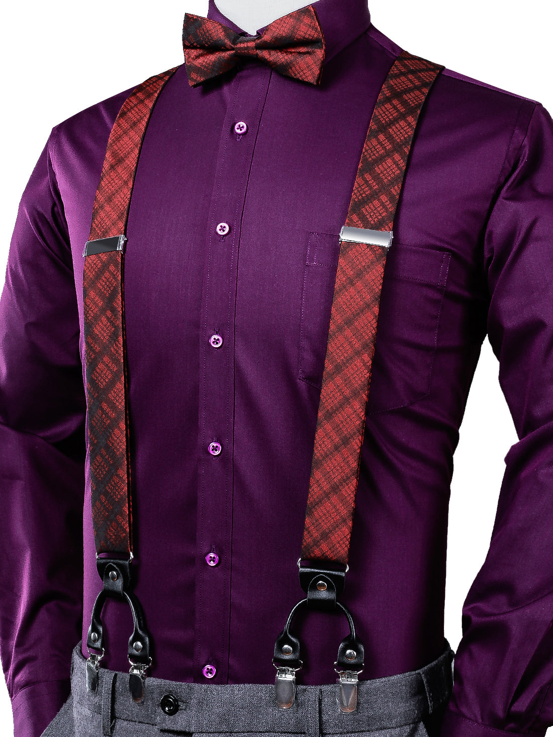 Dark Red Plaid Stripe Suspender Bowtie Handkerchief Cufflinks Set