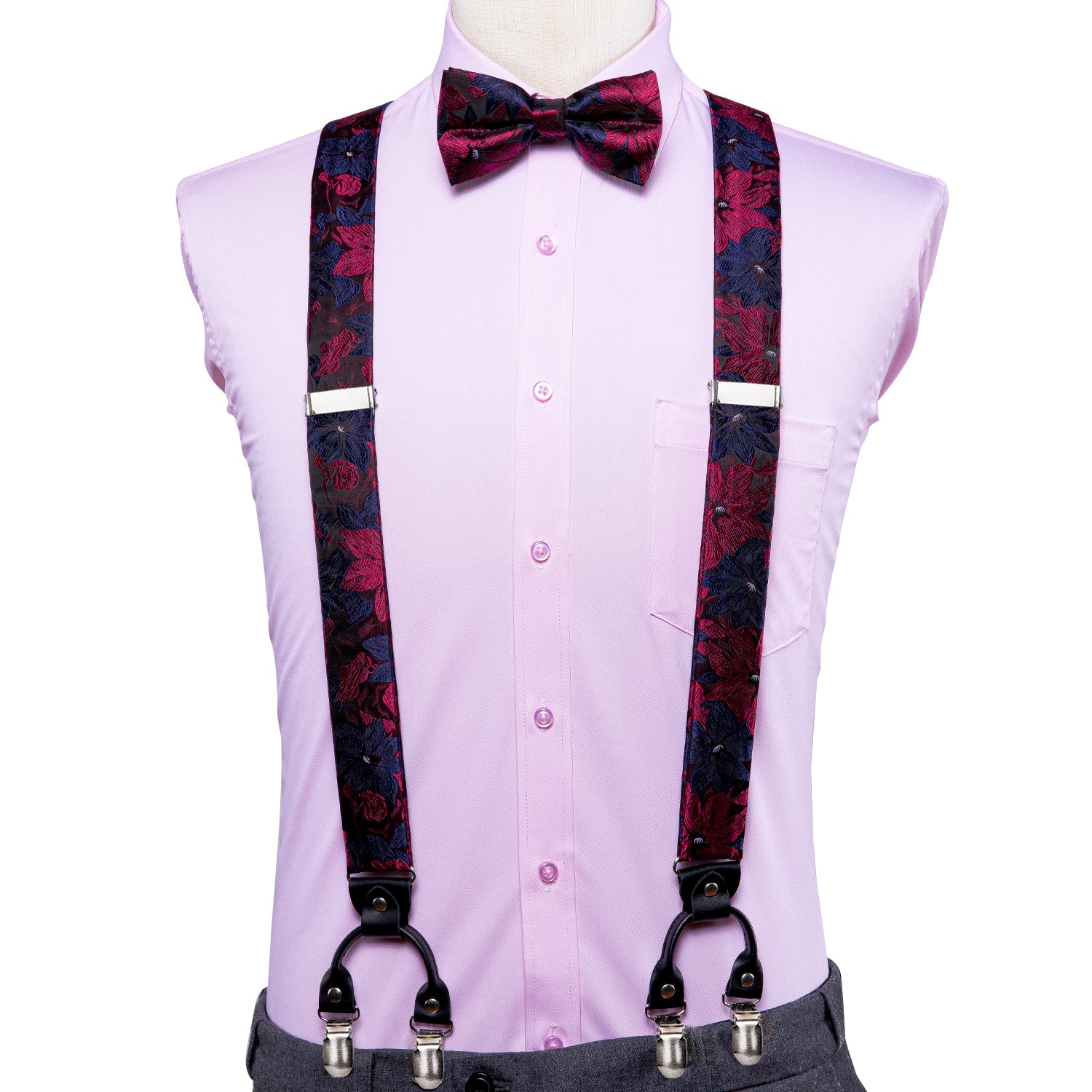Blue Red Floral  Suspender Bow Tie Handkerchief Cufflinks Set