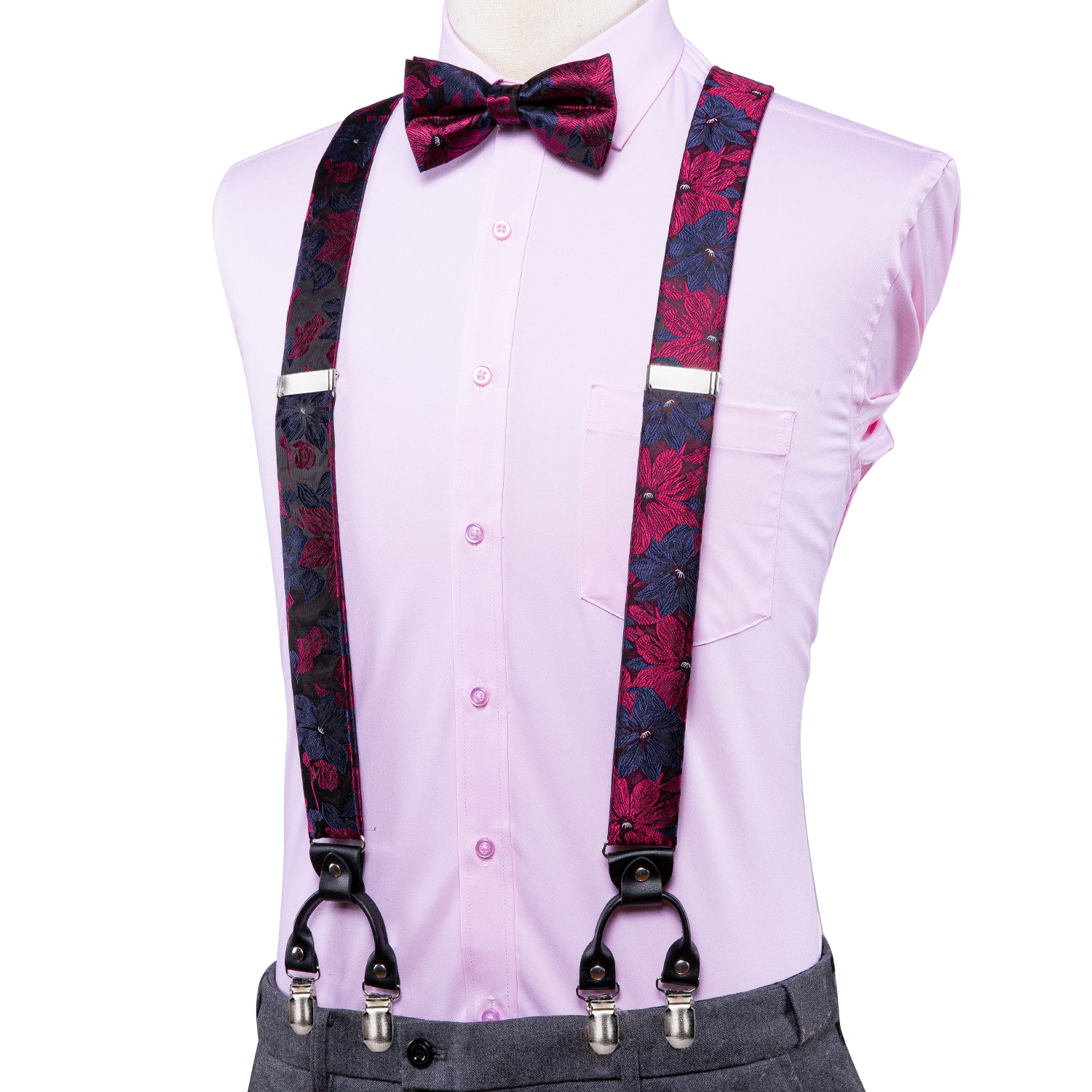 Blue Red Floral  Suspender Bow Tie Handkerchief Cufflinks Set