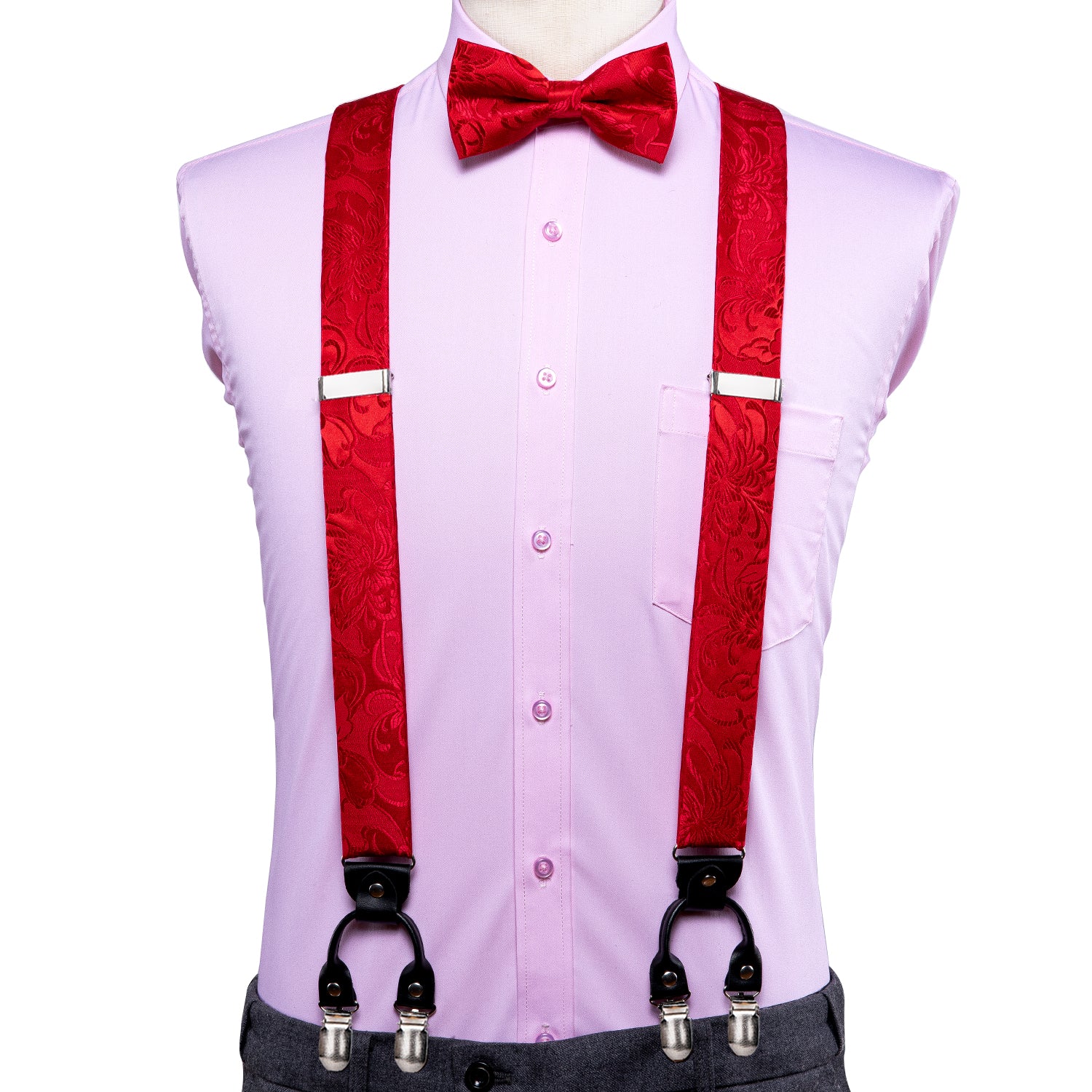 Red Floral  Suspender Bow Tie Handkerchief Cufflinks Set