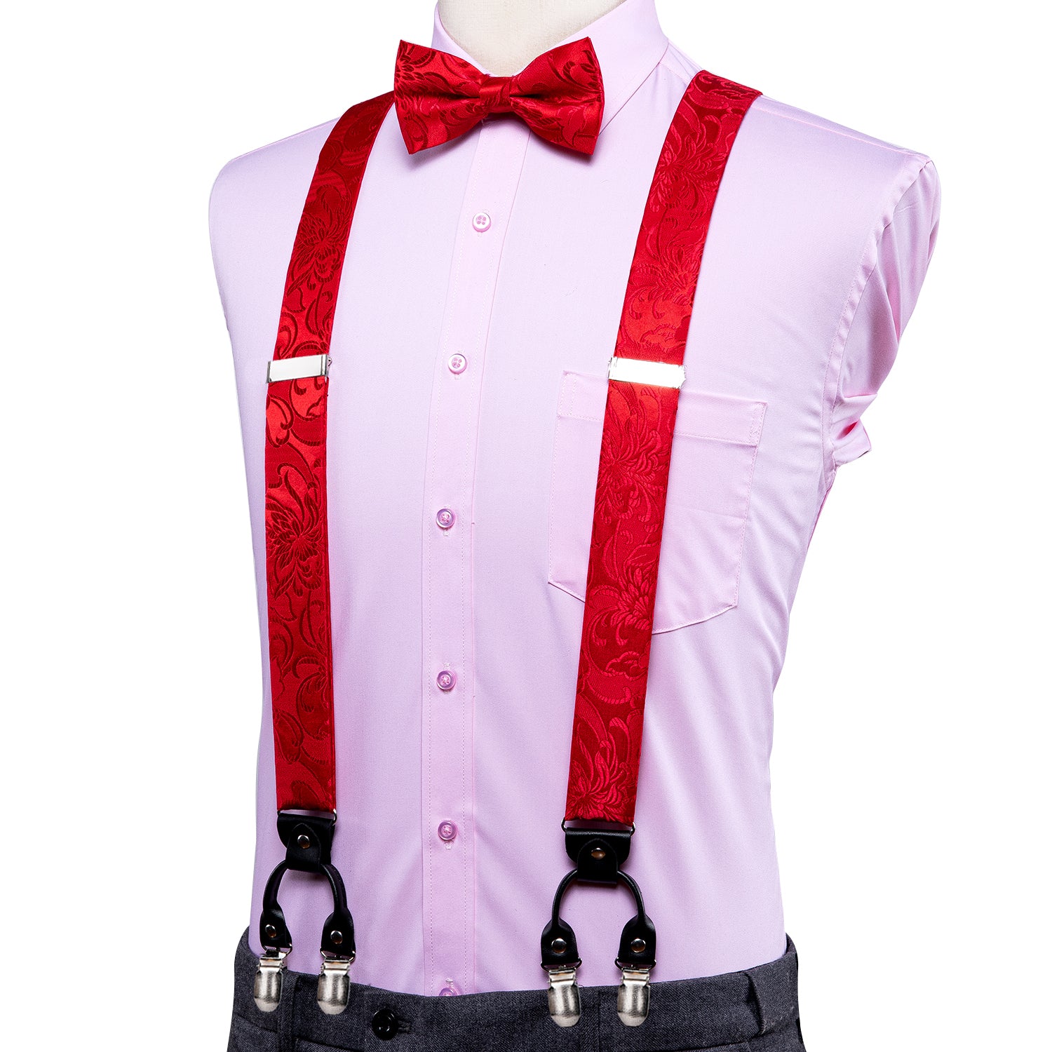 Red Floral  Suspender Bow Tie Handkerchief Cufflinks Set