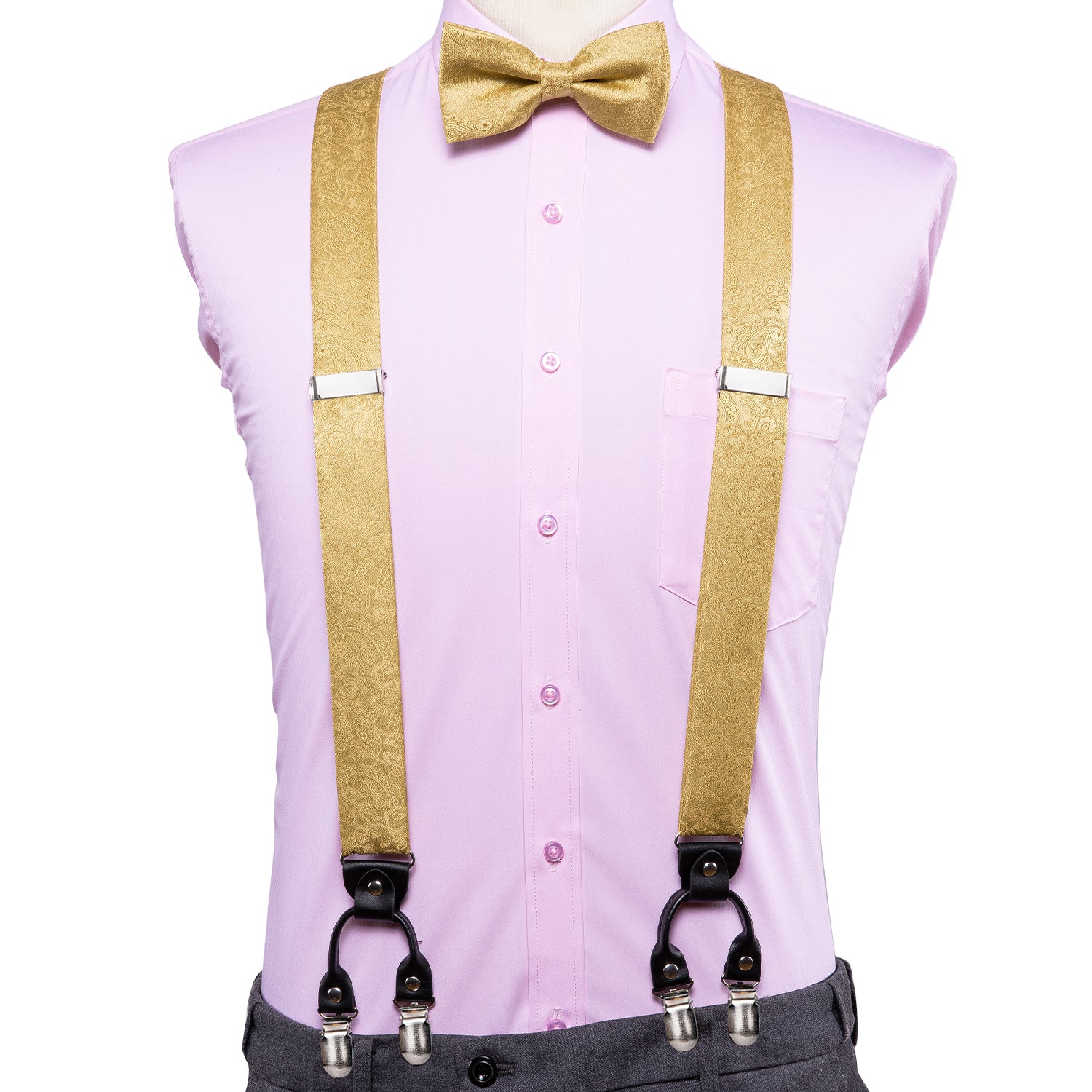 Yellow Paisley Suspender Bow Tie Handkerchief Cufflinks Set