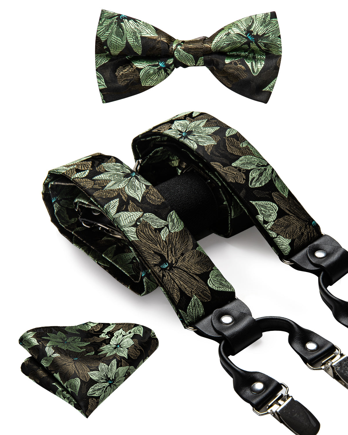 Black Green Floral Suspender Bowtie Pocket Square Cufflinks Set