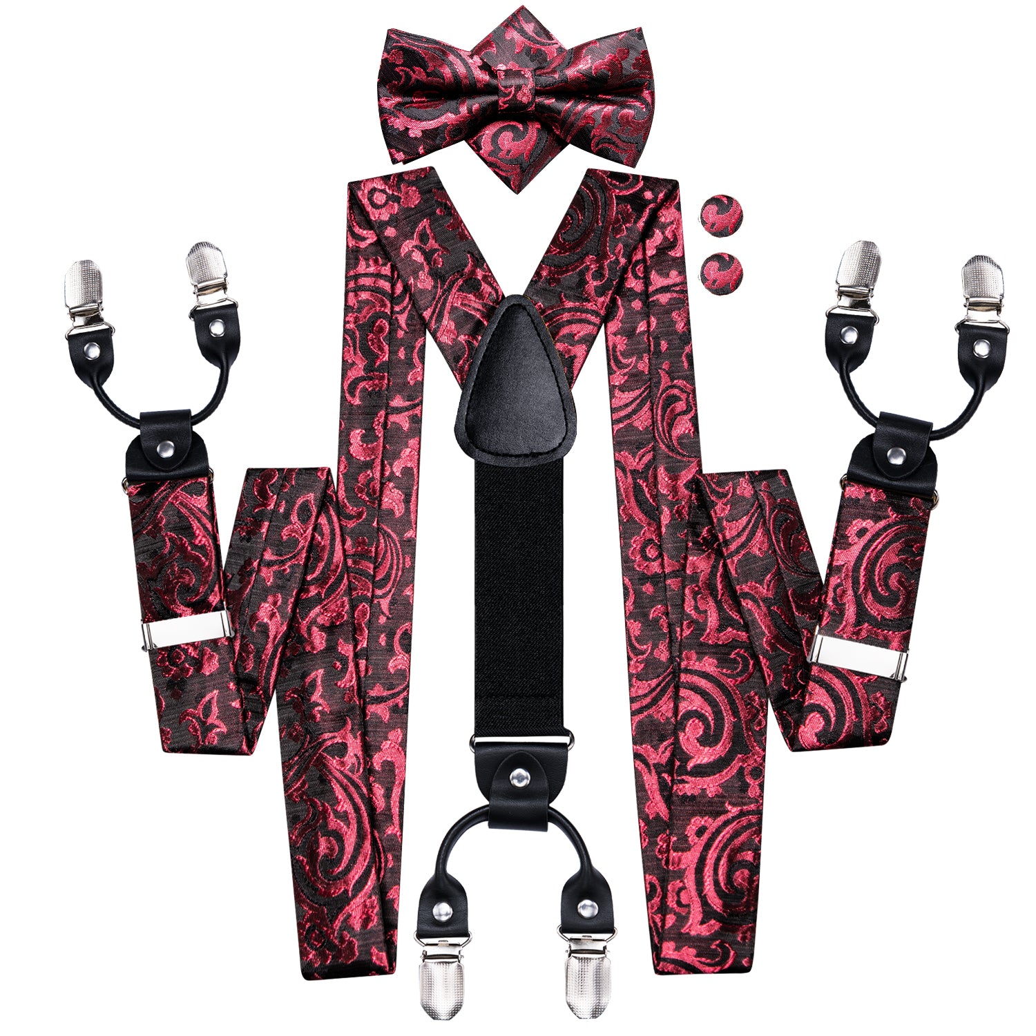 Black Red Paisley Suspender Bowtie Pocket Square Cufflinks Set