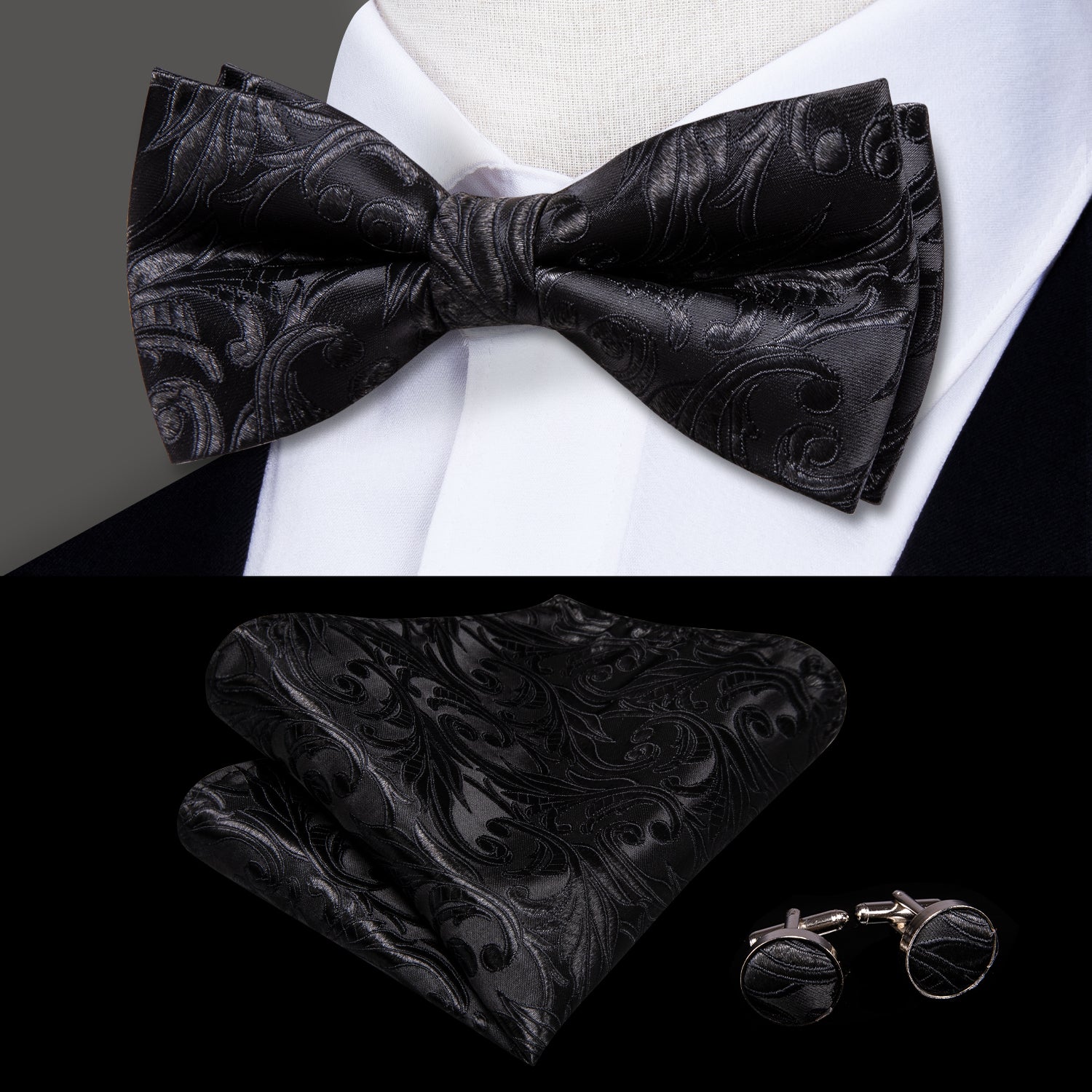 Black Paisley Suspender Bowtie Pocket Square Cufflinks Set