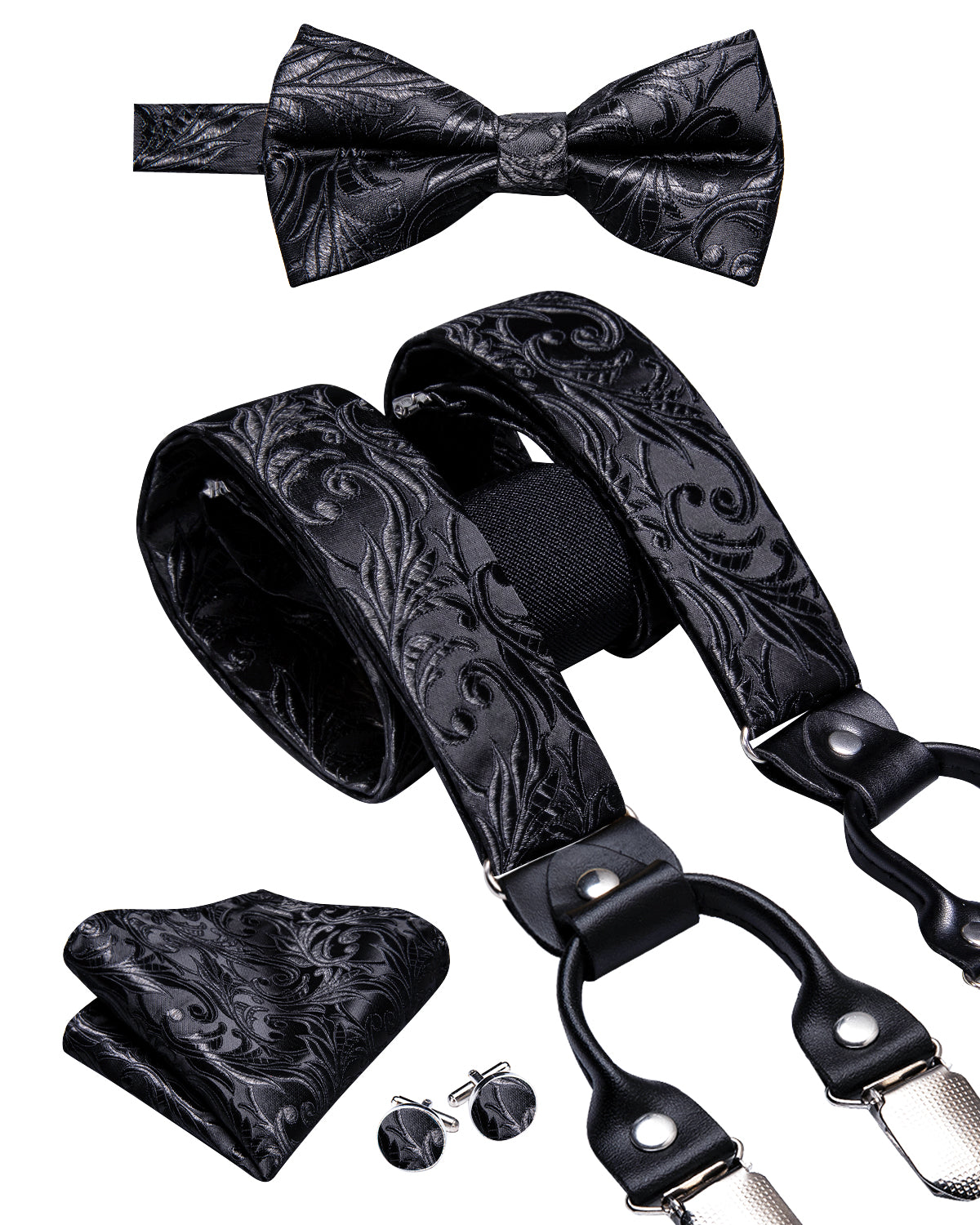 Black Paisley Suspender Bowtie Pocket Square Cufflinks Set