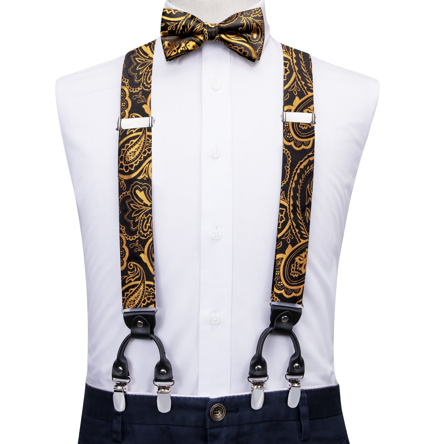 Black Golden Paisley Suspender Bowtie Pocket Square Cufflinks Set