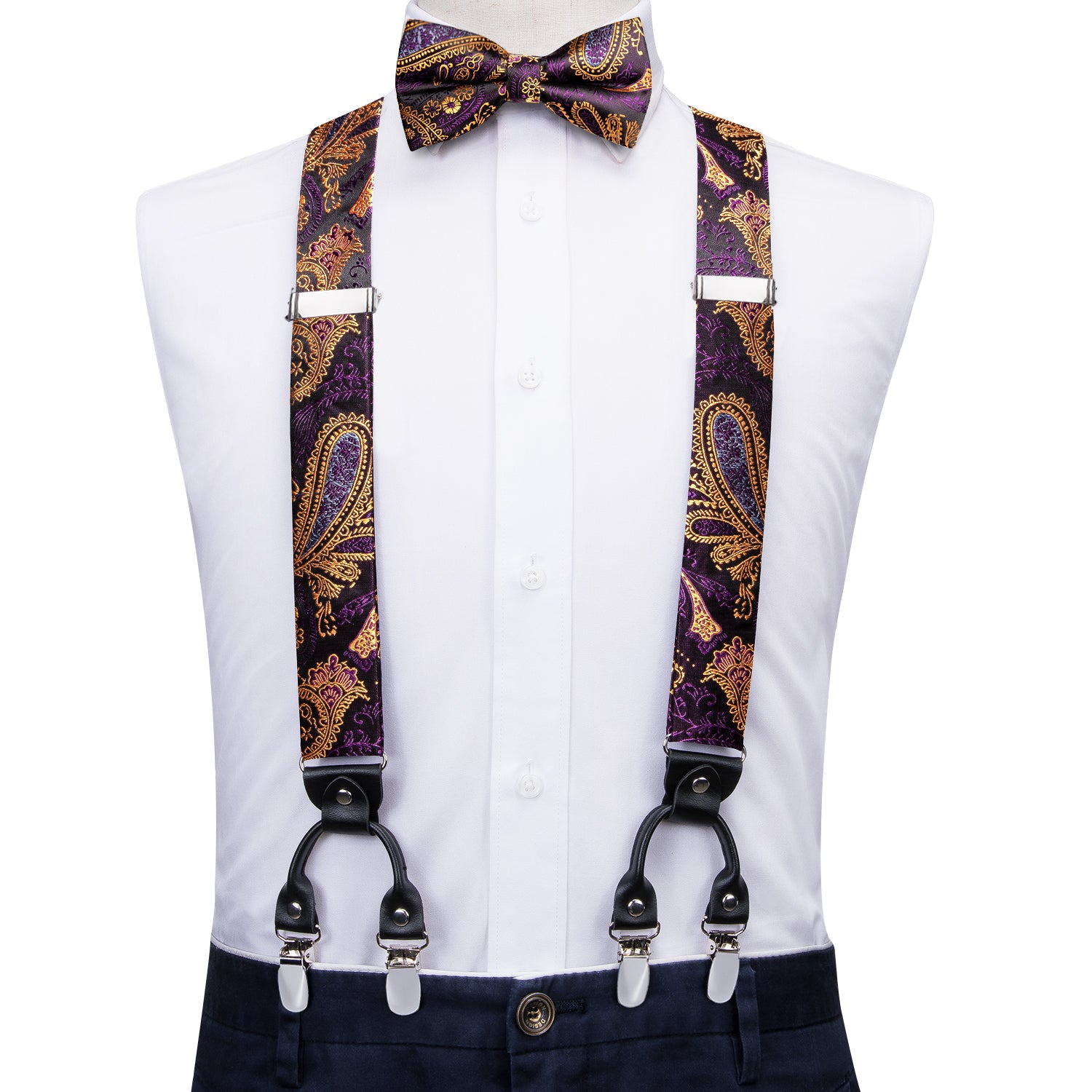 Purple Golden Paisley Suspender Bowtie Pocket Square Cufflinks Set