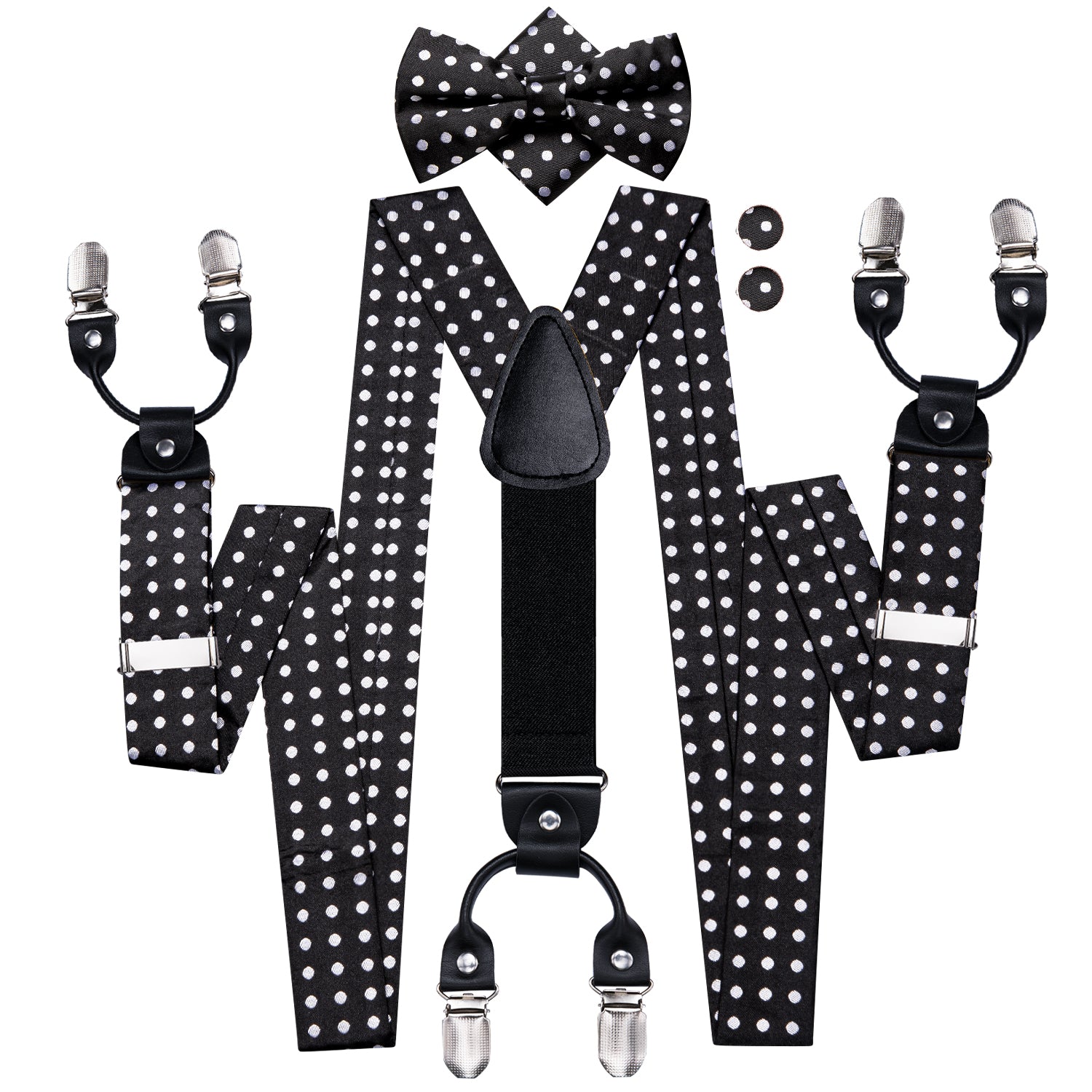 Black White Dot Men's Suspender Bowtie Pocket Square Cufflinks Set