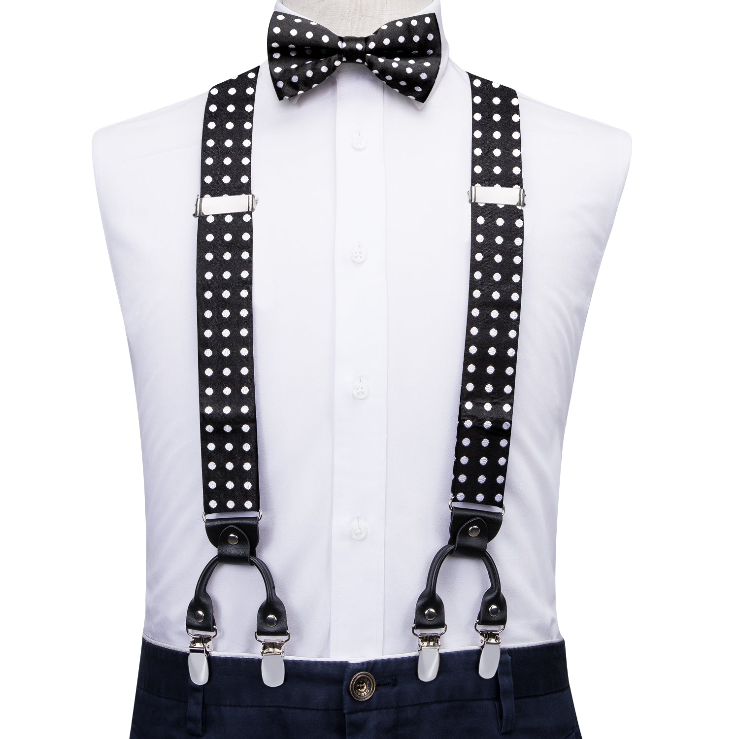 Black White Dot Men's Suspender Bowtie Pocket Square Cufflinks Set