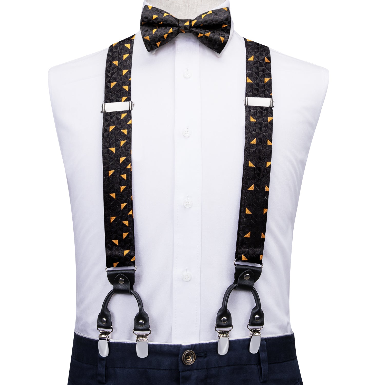 Black Yellow Novelty Men's Suspender Bowtie Pocket Square Cufflinks Set