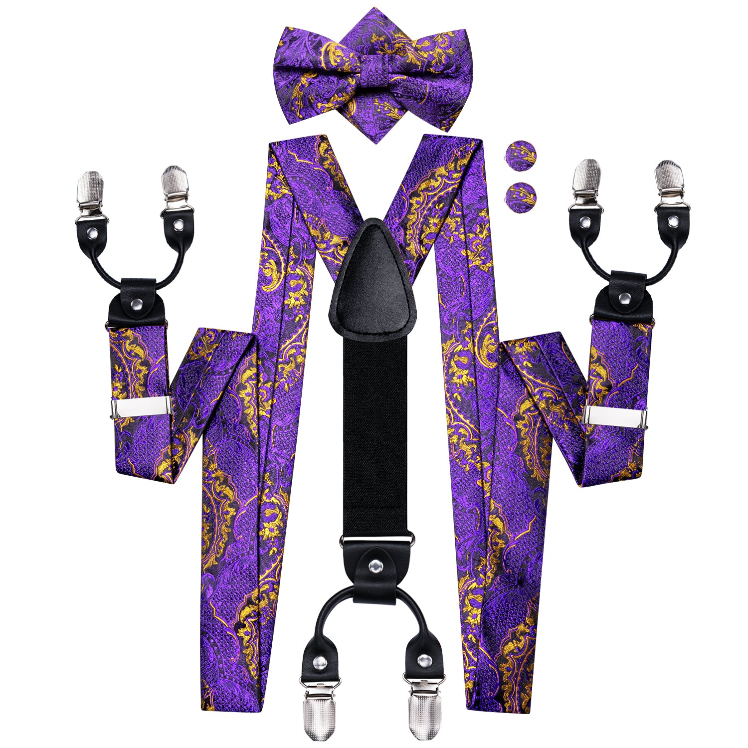 Purple Golden Paisley Men's Suspender Bowtie Pocket Square Cufflinks Set