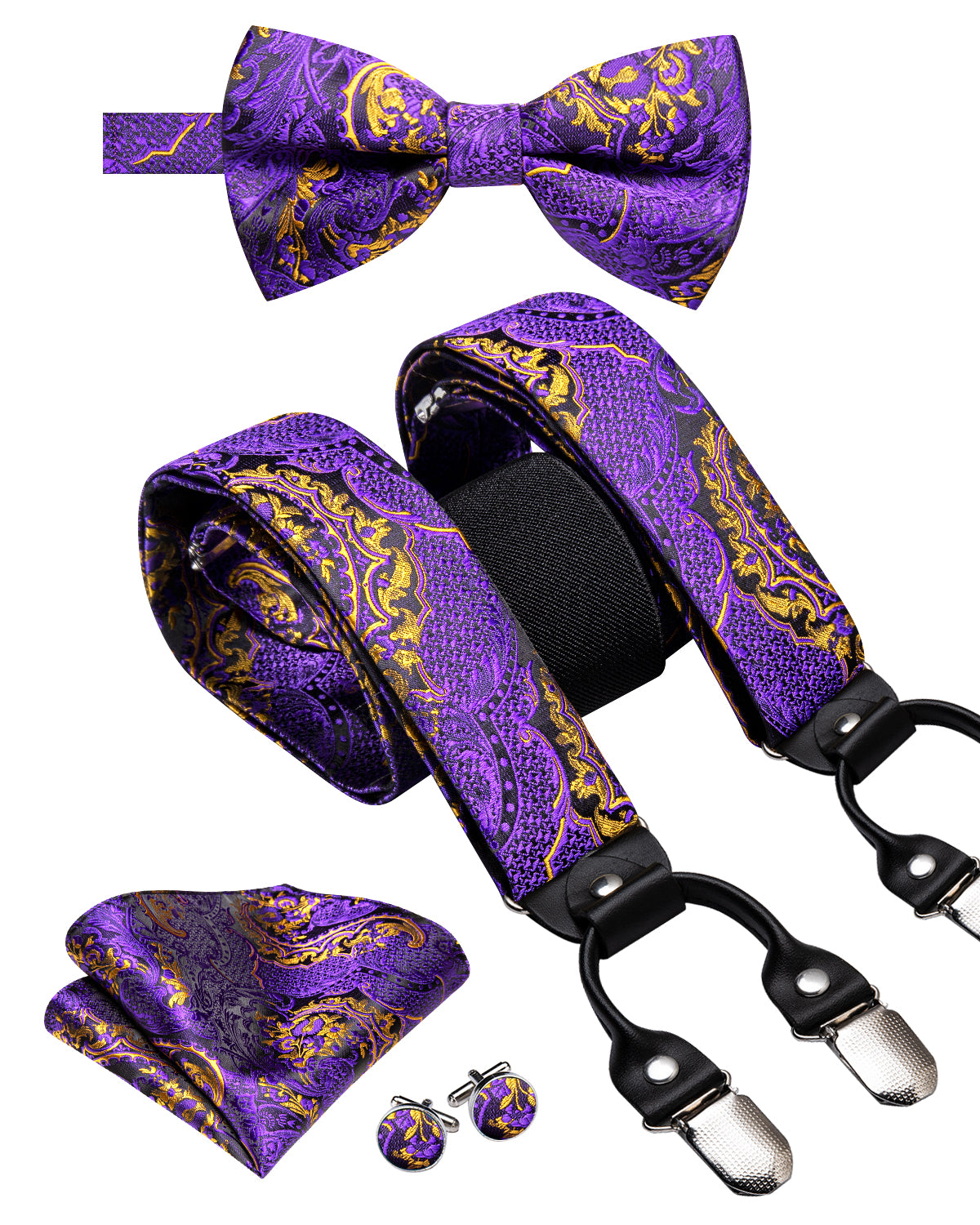 Purple Golden Paisley Men's Suspender Bowtie Pocket Square Cufflinks Set