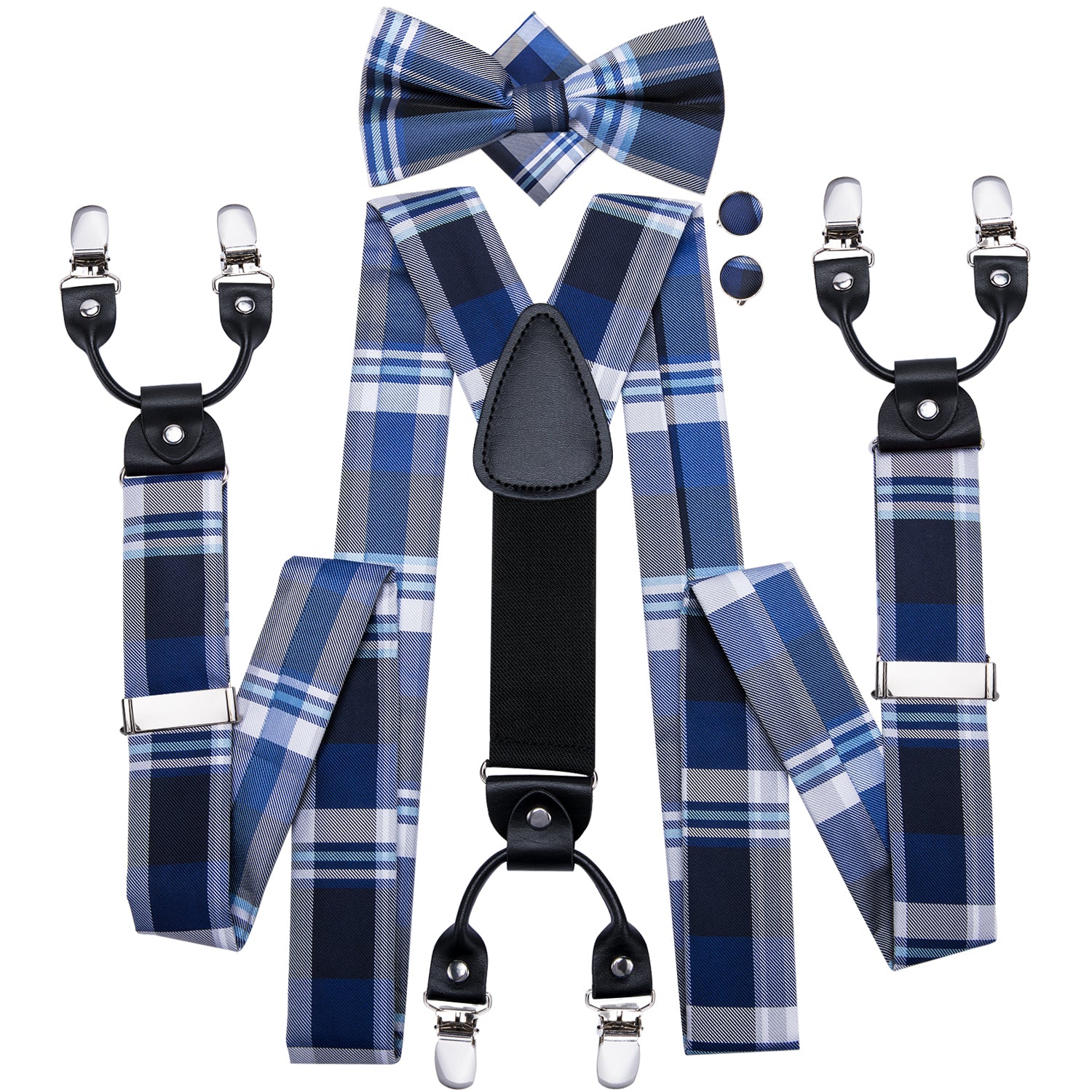 Blue Plaid Suspender Bow Tie Handkerchief Cufflinks Set