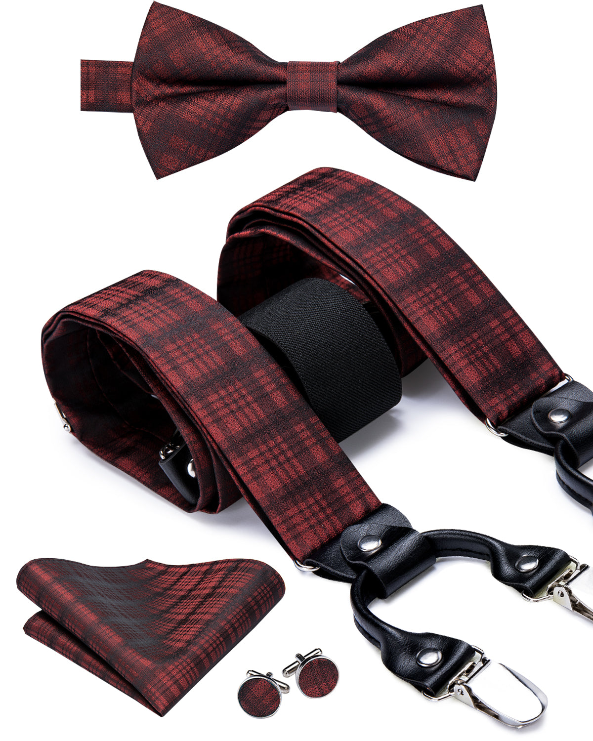 Dark Red Plaid Stripe Suspender Bowtie Handkerchief Cufflinks Set