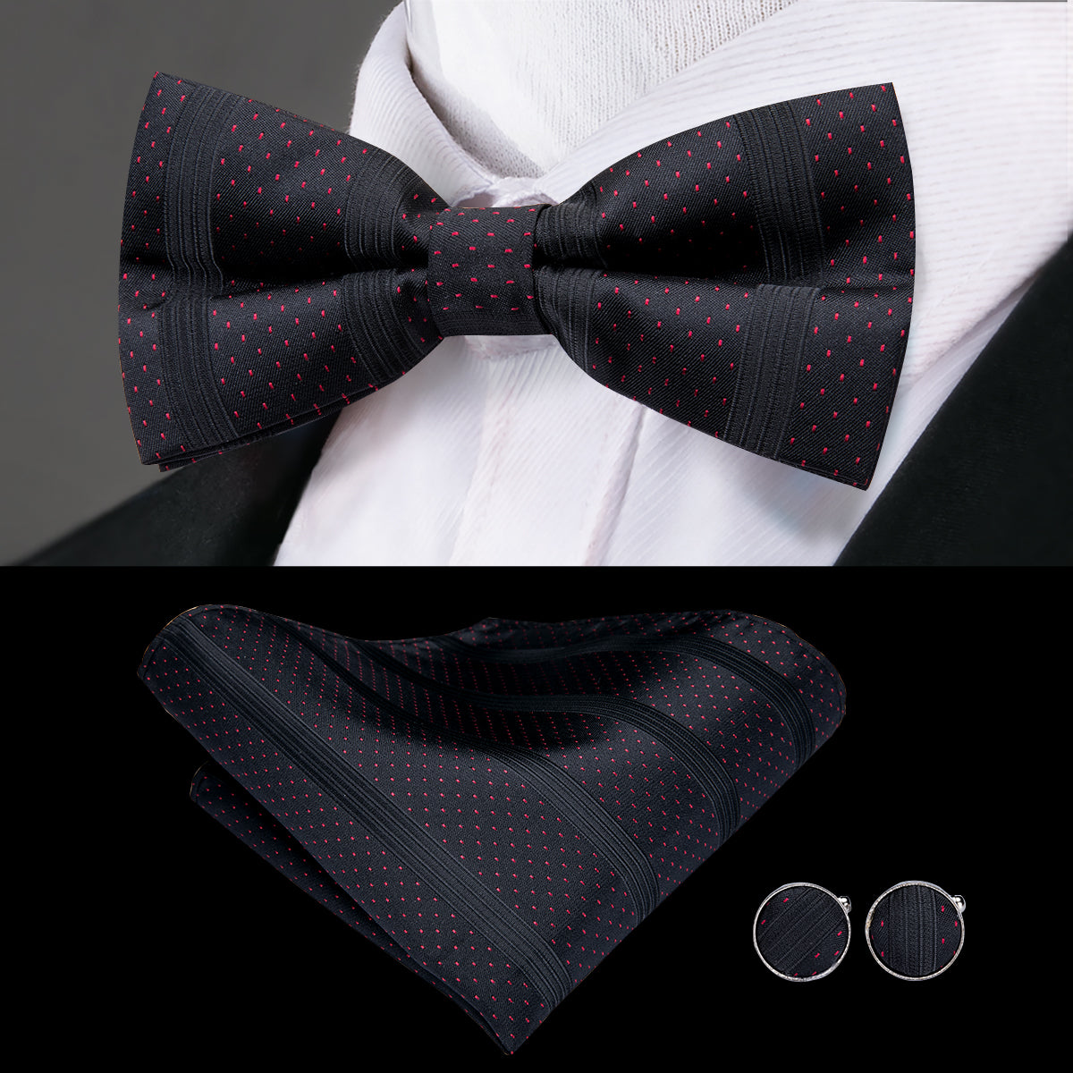 Red Dots Solid Black Suspender Bow Tie Handkerchief Cufflinks Set