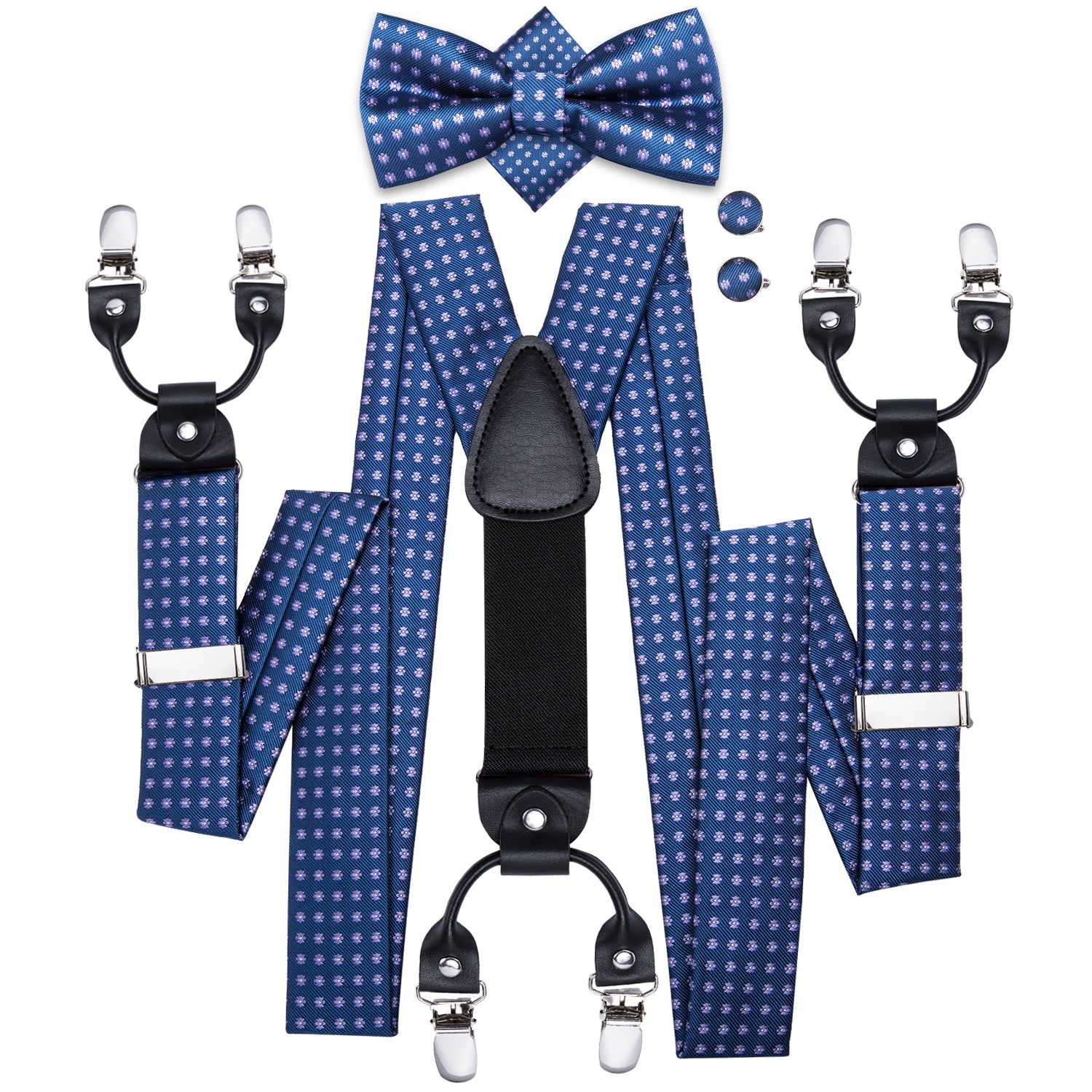$19.99 Solid Blue Dots Suspender Bow Tie Handkerchief Cufflinks Set