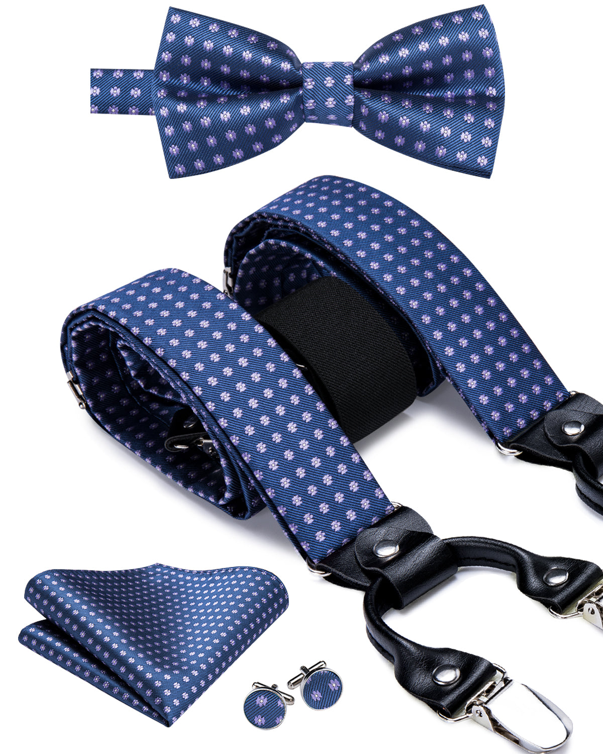 $19.99 Solid Blue Dots Suspender Bow Tie Handkerchief Cufflinks Set
