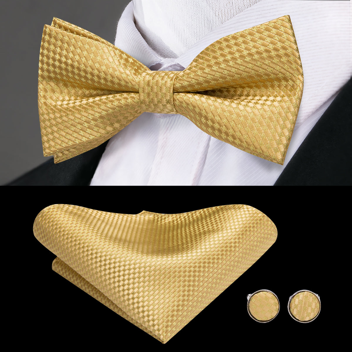 Gold Plaid Suspender Bowtie Pocket Square Cufflinks Set